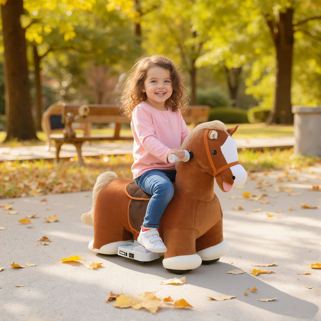 6V Battery Powered Ride on Horse with Music, Forward, Foot Pedal, Soft Touch, Washable Cover, for 1.5-5 Years Old