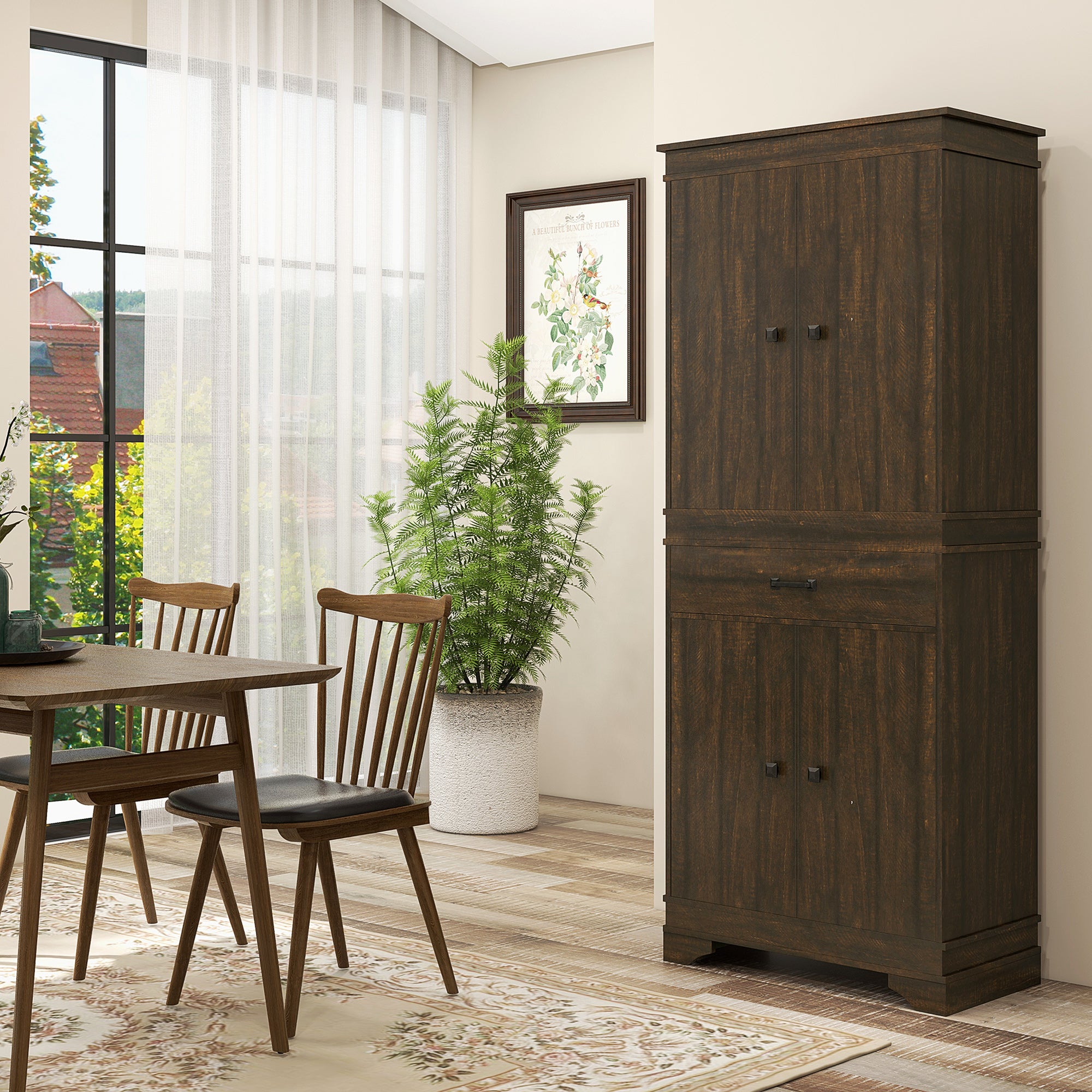 72" 4-Door Kitchen Pantry with Drawer and 3 Shelves, Walnut