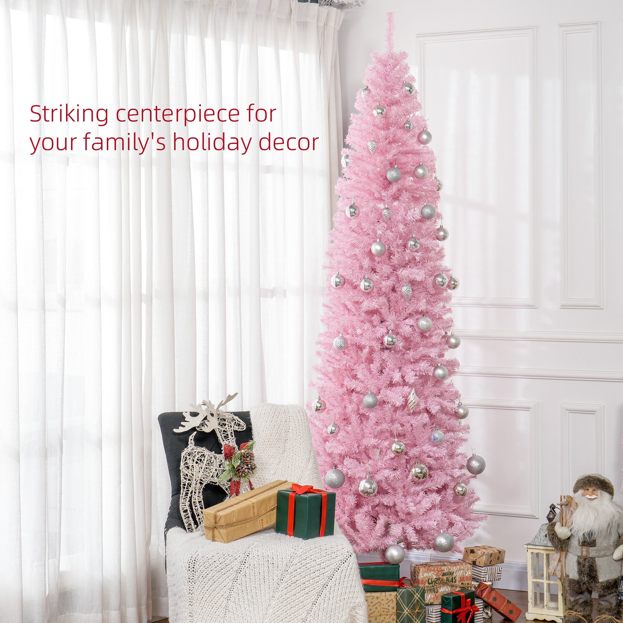 8' Artificial Christmas Tree Douglas Fir Pencil Christmas Tree with 1168 Realistic Branch Tips, Pink