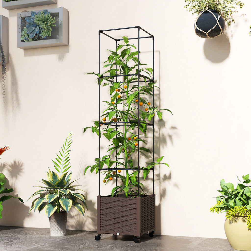 Raised Garden Bed with Trellis, Tomato Cage with Lockable Wheels, Self Watering Planter Box with Drainage Holes, Brown