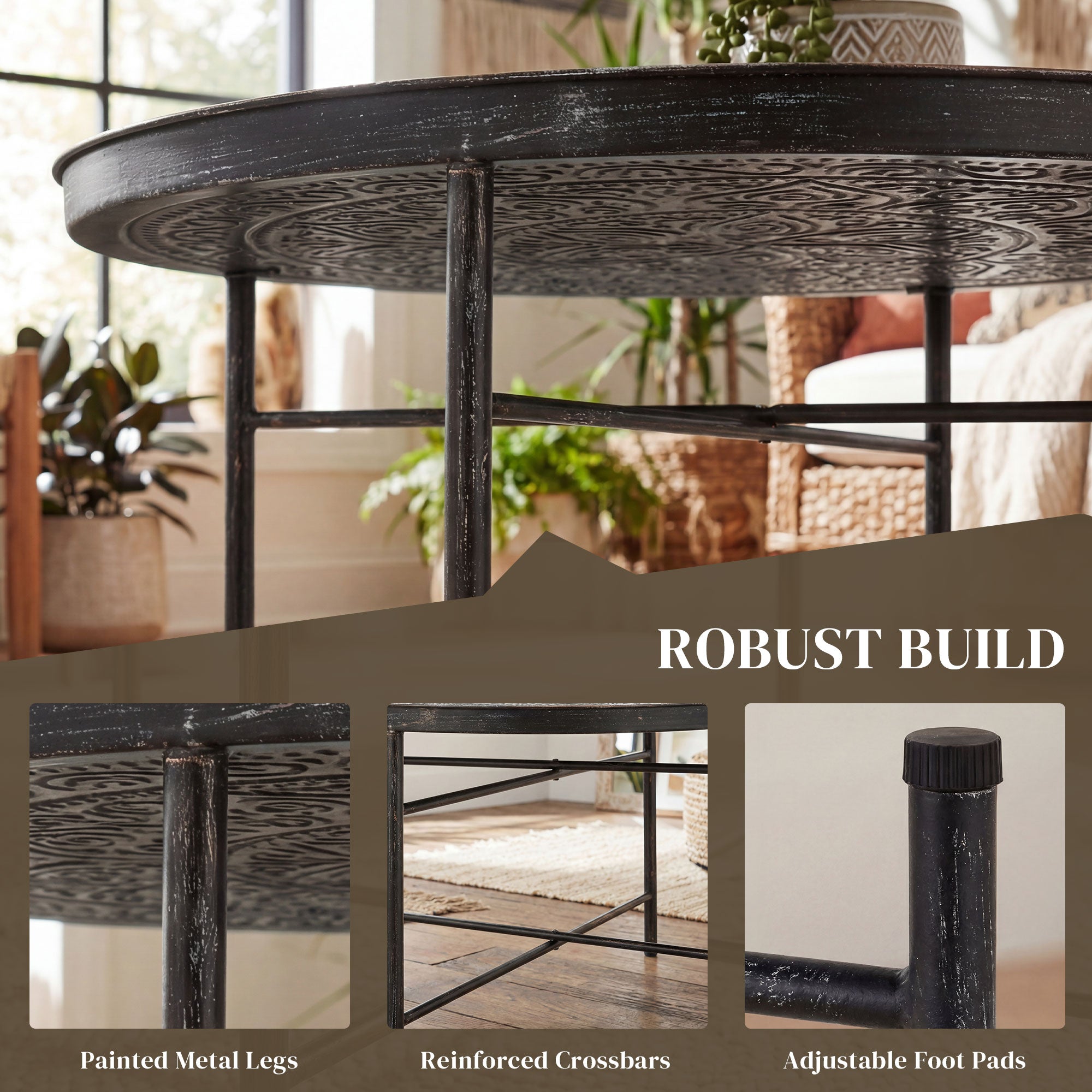 Coffee Table for Living Room, 24" Round Center Table with Hammered Tray Top and Metal Frame for Bedroom, Pewter