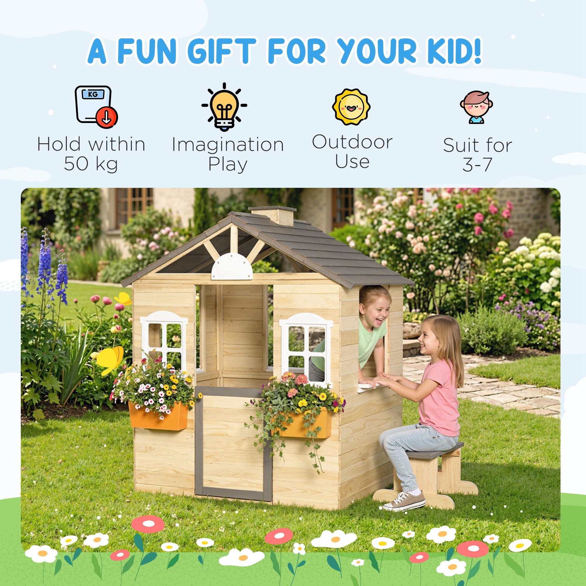 Outdoor Playhouse, Wooden Kids Playhouse with Working Door, Windows, Bench, Service Station, Flower Pot Holder, Cottage Play House for 3-7 Years Old Pretend Play, Natural