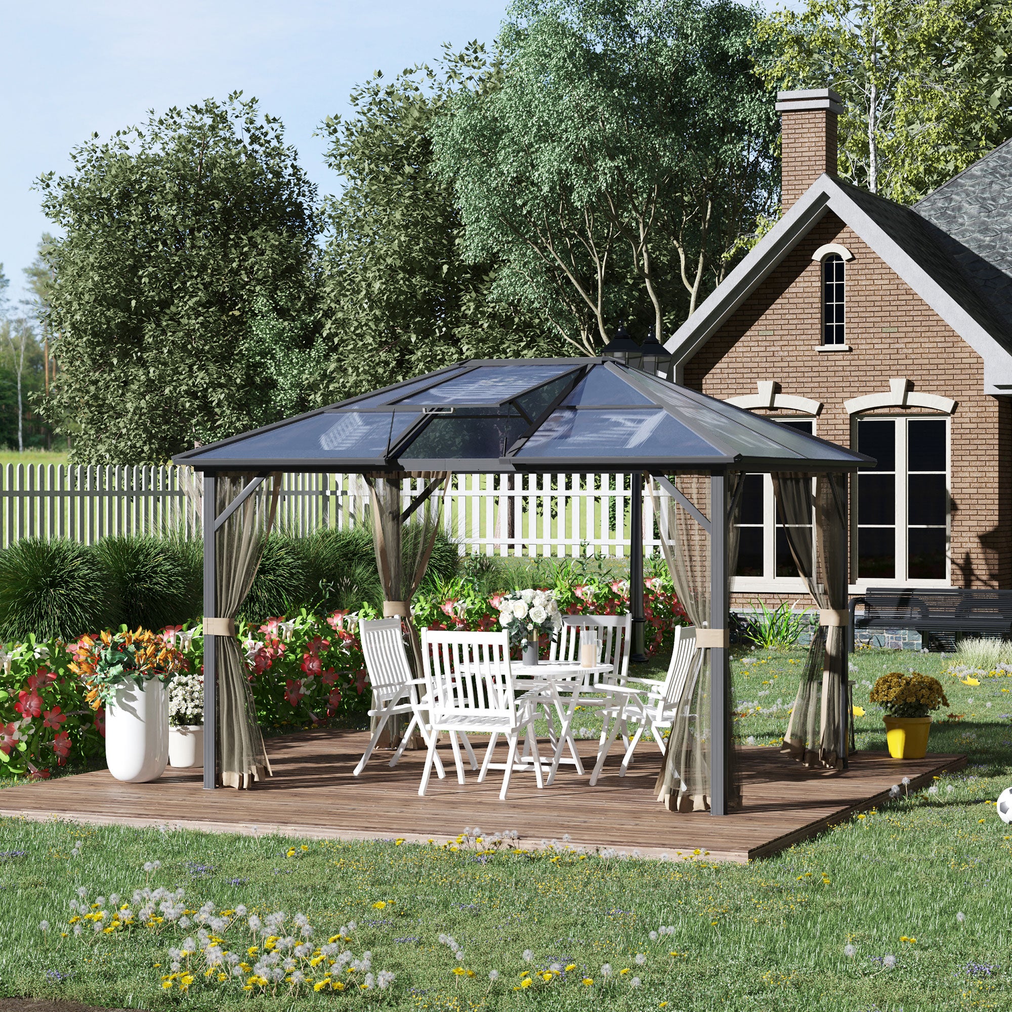 10' x 12' Hardtop Gazebo Canopy with Polycarbonate Roof, Aluminum Frame, Permanent Pavilion Outdoor Gazebo with Netting, for Patio, Garden, Backyard, Deck, Lawn, Gray, Brown