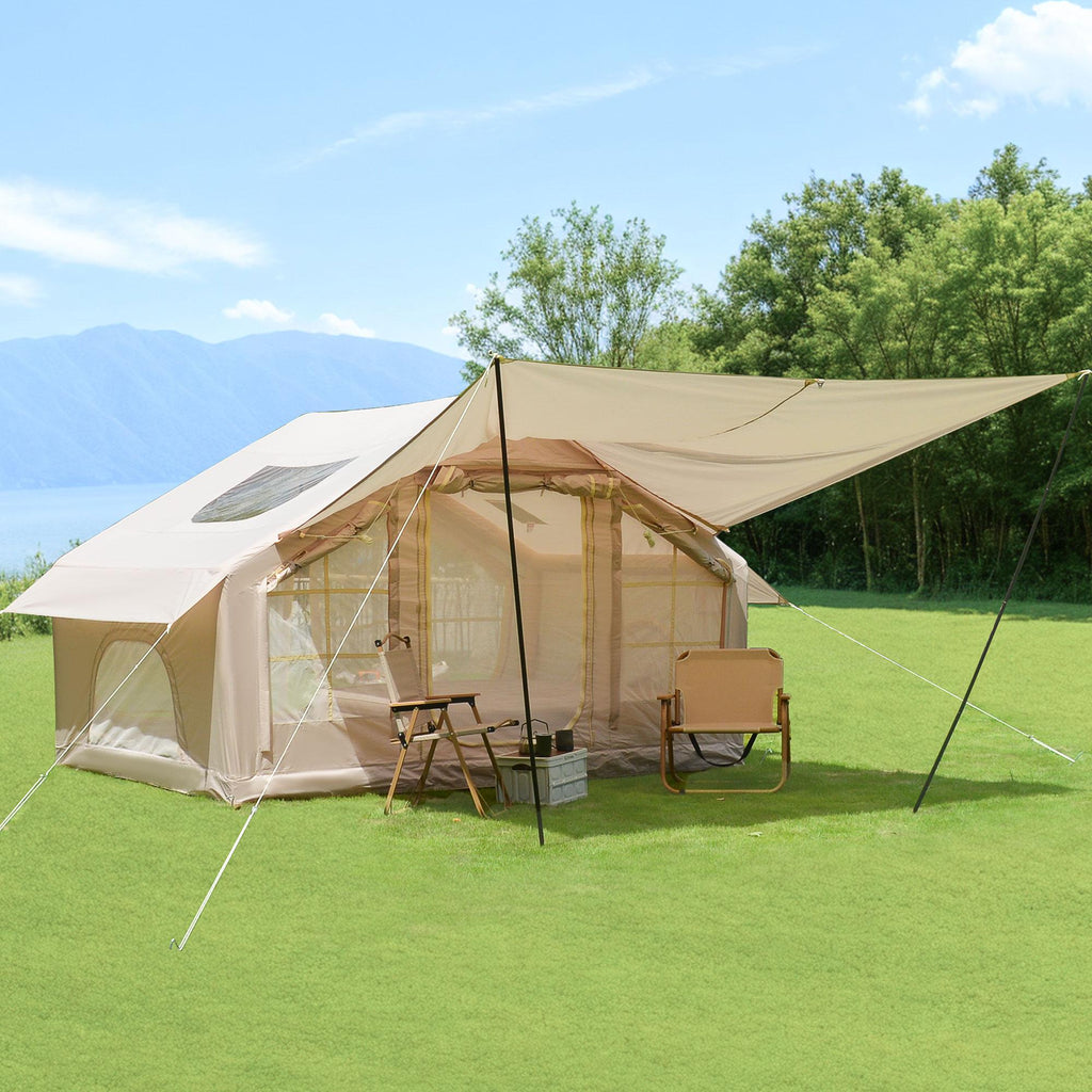 Inflatable 4-Season Camping Tent with Extended Awning, Waterproof Family Tent with Clear Skylight, 118″ L x 82.5″ W x 78.5″ H, Beige