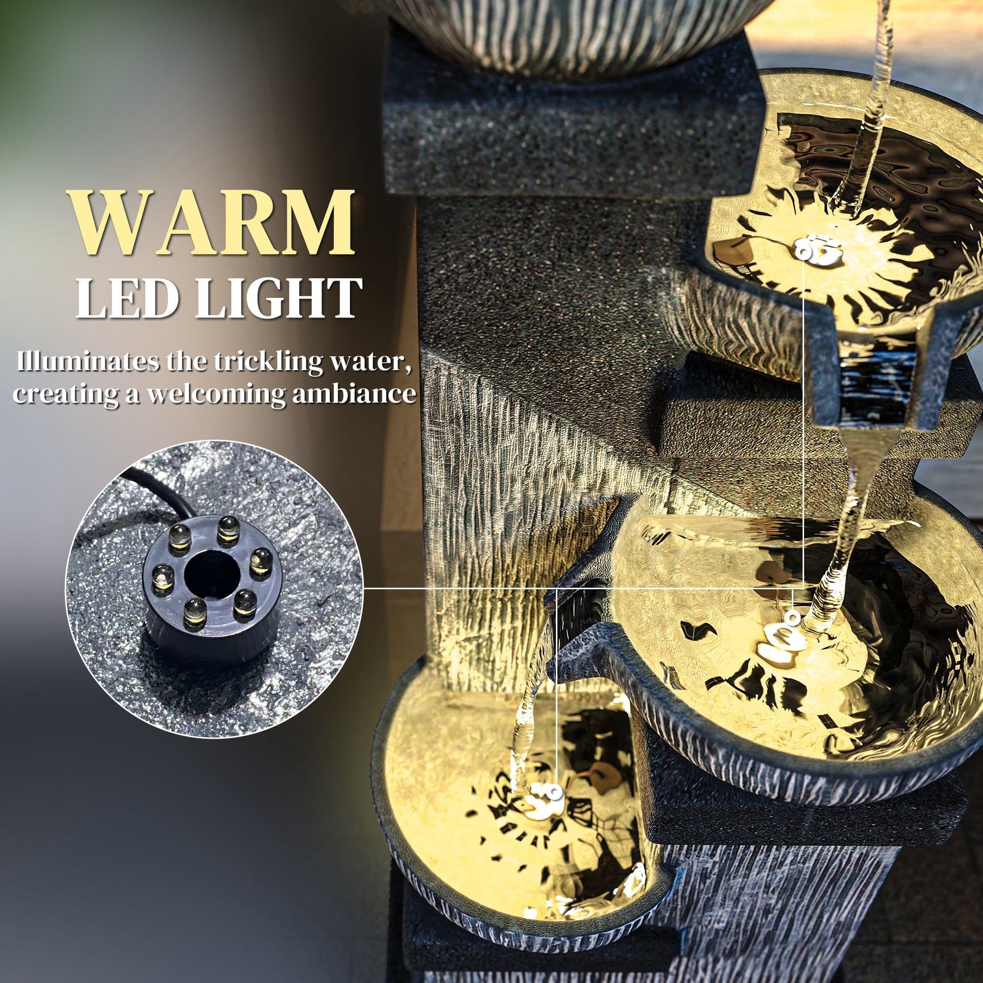 33.5" Water Fountain, 4-Tier Resin Cascading Bowls Outdoor Waterfall Fountain with LED Lights, Pump