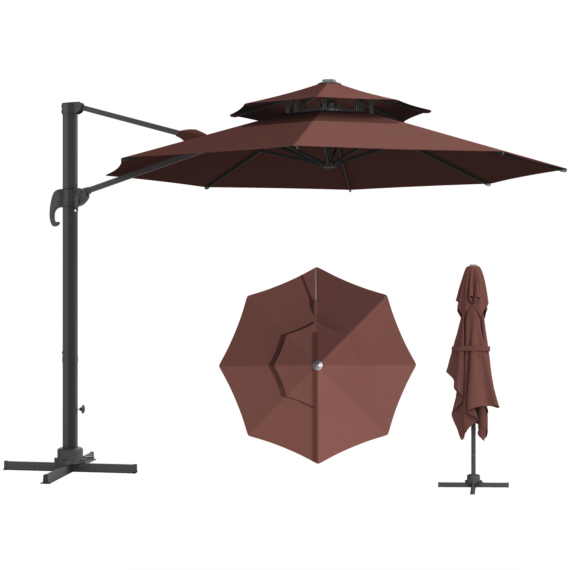 11ft Cantilever Patio Umbrella with Base, Double Top Hanging Aluminum Offset Umbrella with 360° Rotation, Easy Tilt, 8 Ribs, Crank, Cross Base for Backyard, Brown