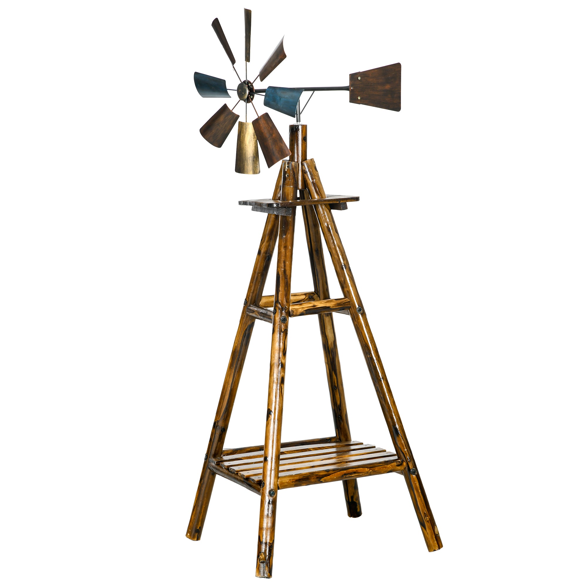 Windmill Weather Vane, Wind Vane with Bottom Shelf, Steel Windmill Head, Stained Wood