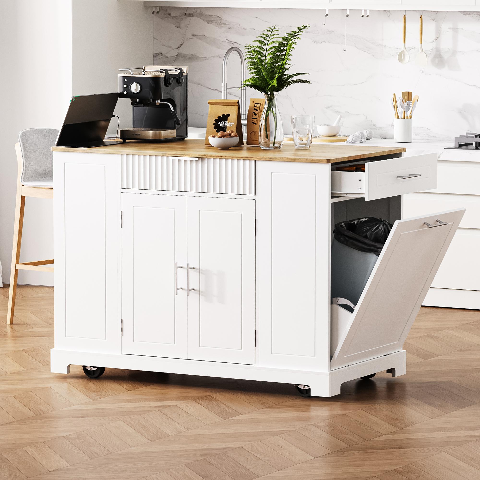 Fluted Kitchen Island with Trash Can Storage, Power Outlet, Internal Rack, Rolling Cart on 5 Wheels with 3 Drawers, 3 Open Side Racks, White