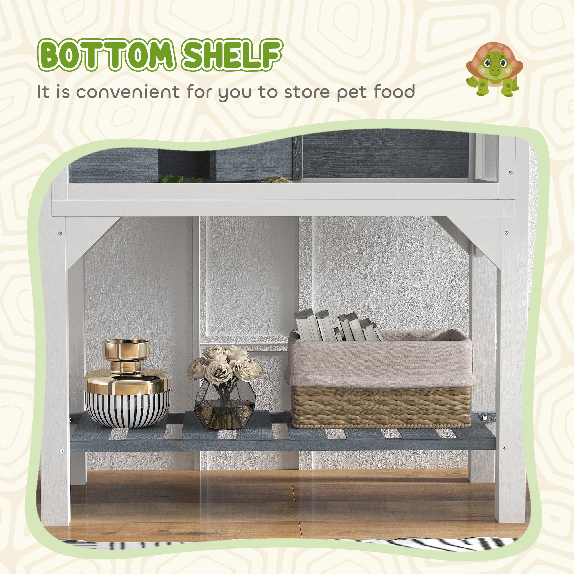 Wooden Tortoise Habitat with Storage Shelf, Tortoise Enclosure with Clear Windows, Openable Top, Lamp Holder, Gray