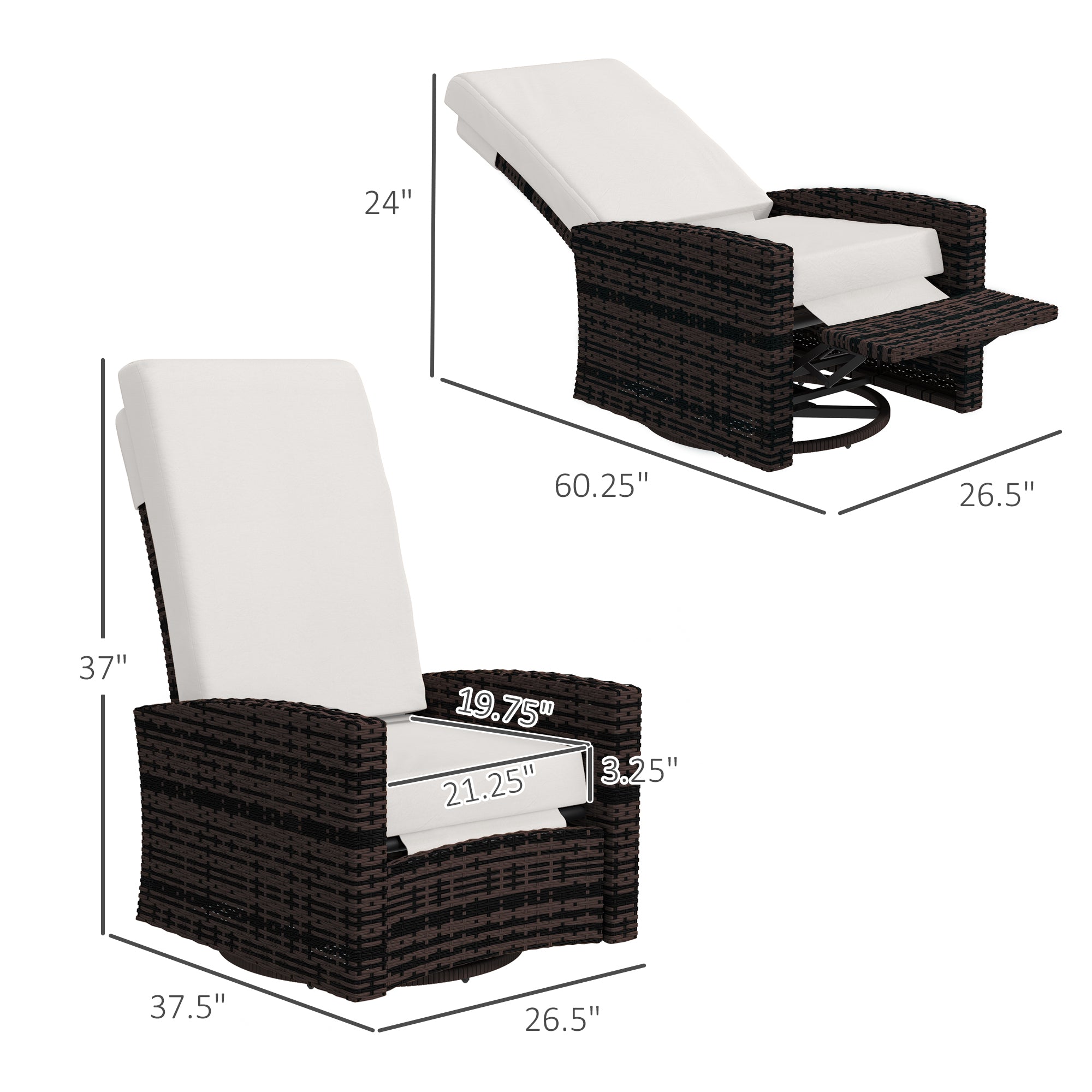 Outdoor Wicker Swivel Recliner Chair, Lifting Footrest, 360° Rotating Basic, Water-resistant Cushions, Khaki