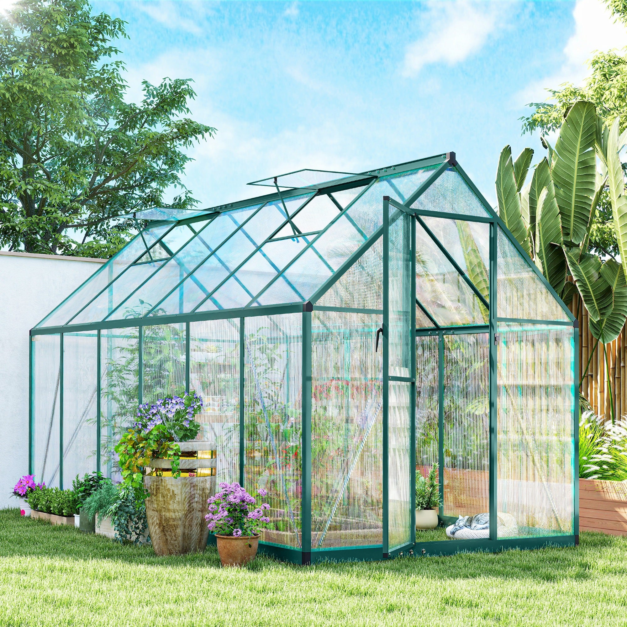 Polycarbonate Greenhouse with Swing Door and Two Adjustable Roof Vents, Aluminum Walk-in Greenhouse, 11x6 ft, Dark Green