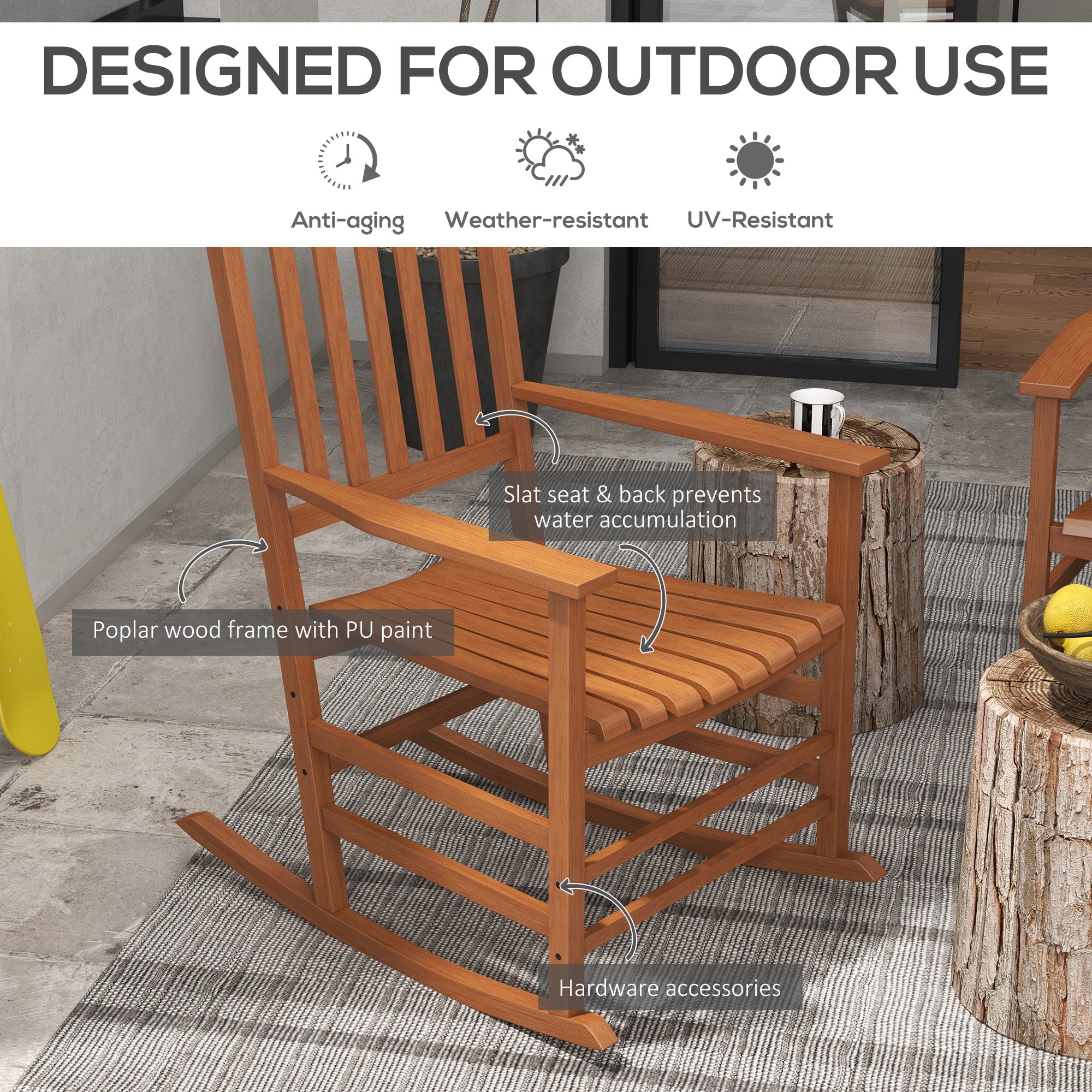 Outdoor Rocking Chair Set of 2, Patio Wooden Rocking Chair with Smooth Armrests, High Back for Garden, Balcony, Porch, Supports Up to 352 lbs, Teak