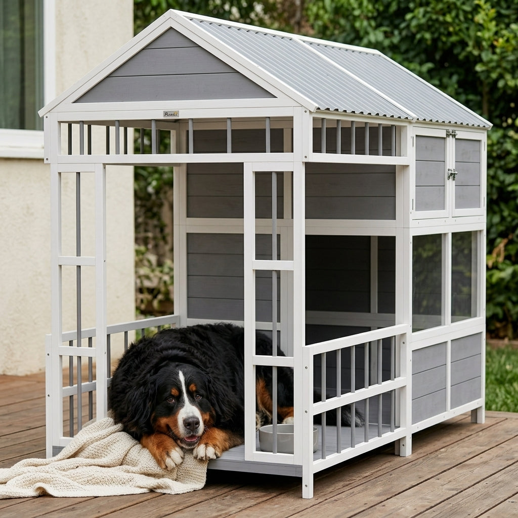 79"L Large Dog House Outdoor, Wooden Dog Kennel with Porch, Storage Cabinet,Weatherproof Roof, Windows