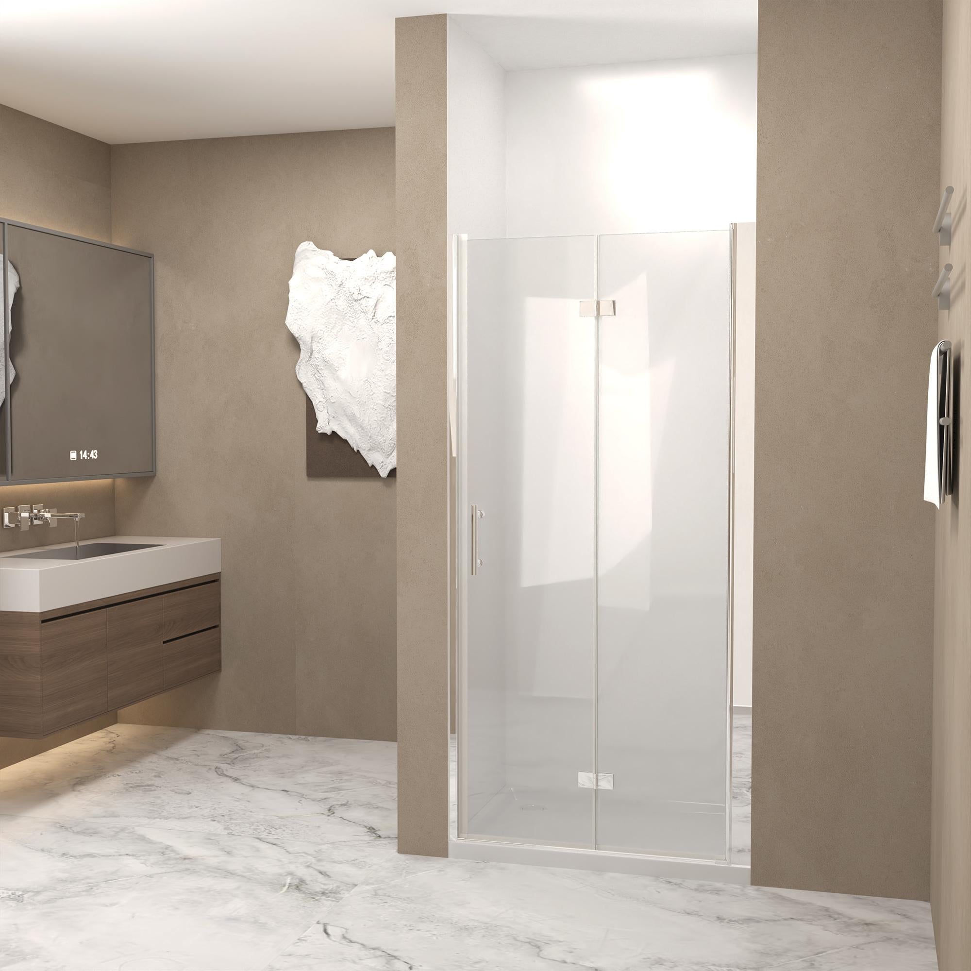 28” Bi-Fold Shower Door with Explosion-Proof Film and Tempered Glass, Bathroom Door with Stainless Steel Handle, 28" L x 0.5" W x 72" H, Chrome