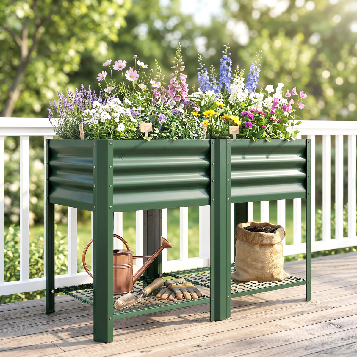 Raised Garden Bed Galvanized Steel, Elevated Planter Box with Storage Shelf, Bed Liner, 31.5" High, Green