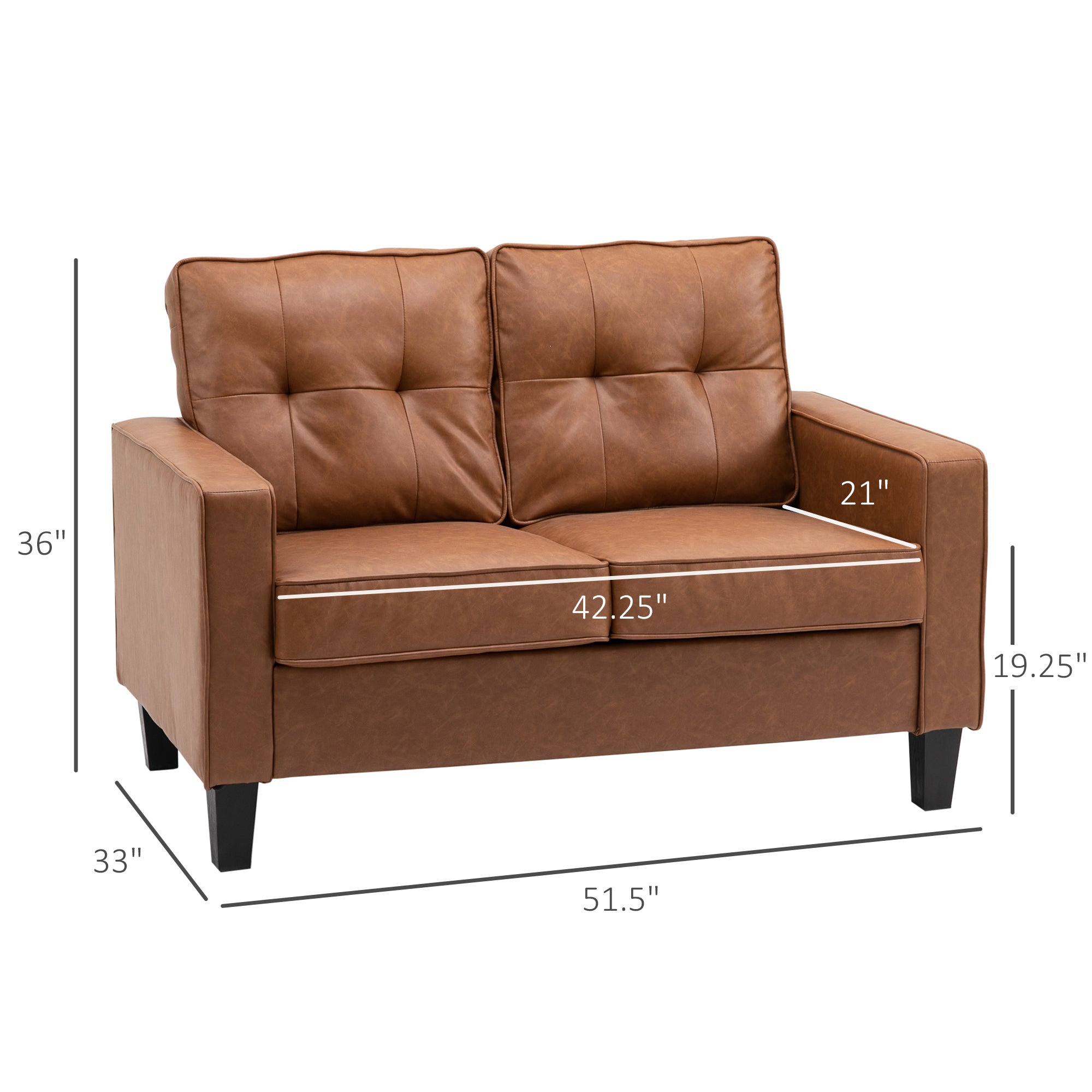 51" Wide Loveseat with Armrest, 2-Seater Tufted PU Leather Double Sofa, Brown