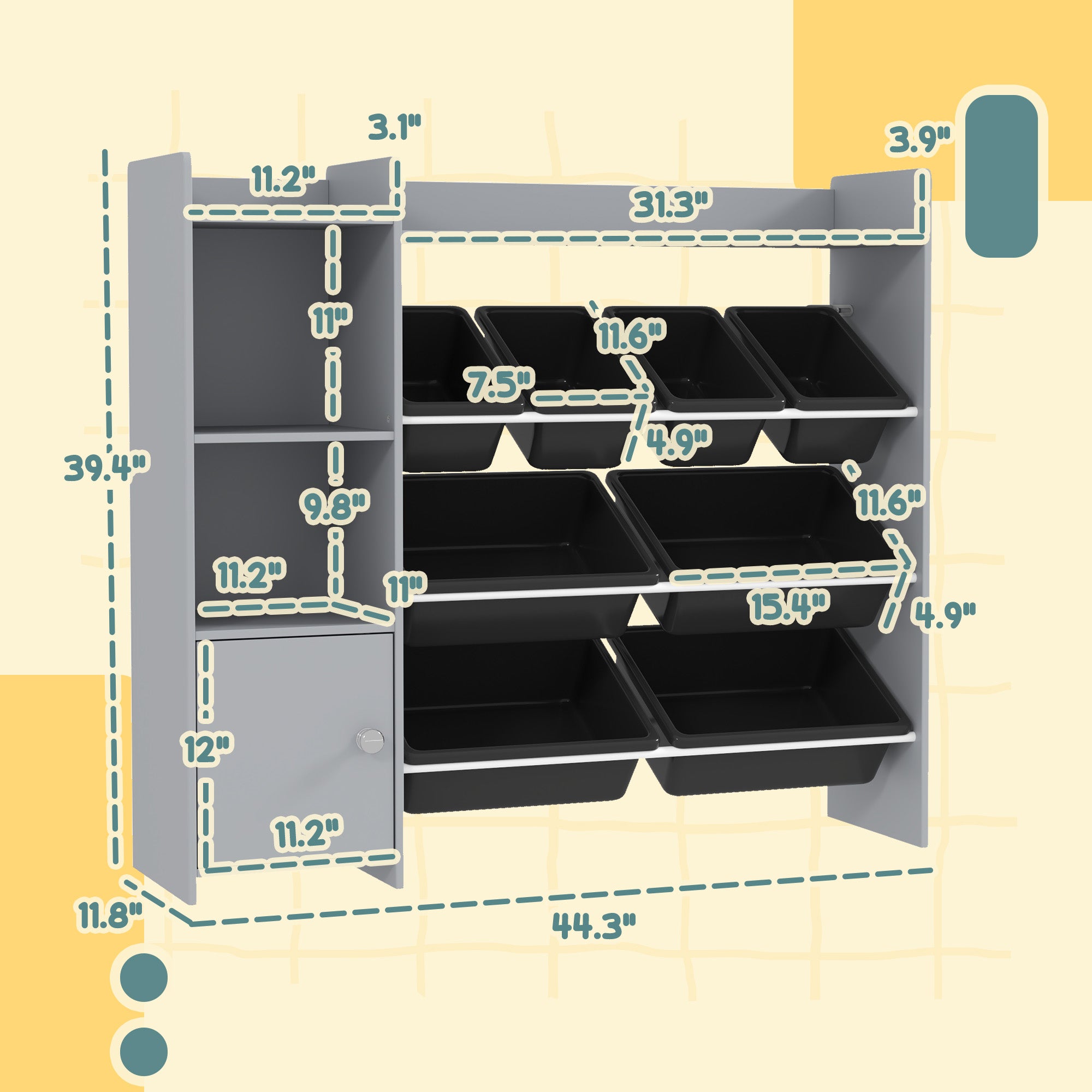 Toy Storage Organizer with 8 Bins, 2 Storage Cubbies, Shelf, Drawer, Gray