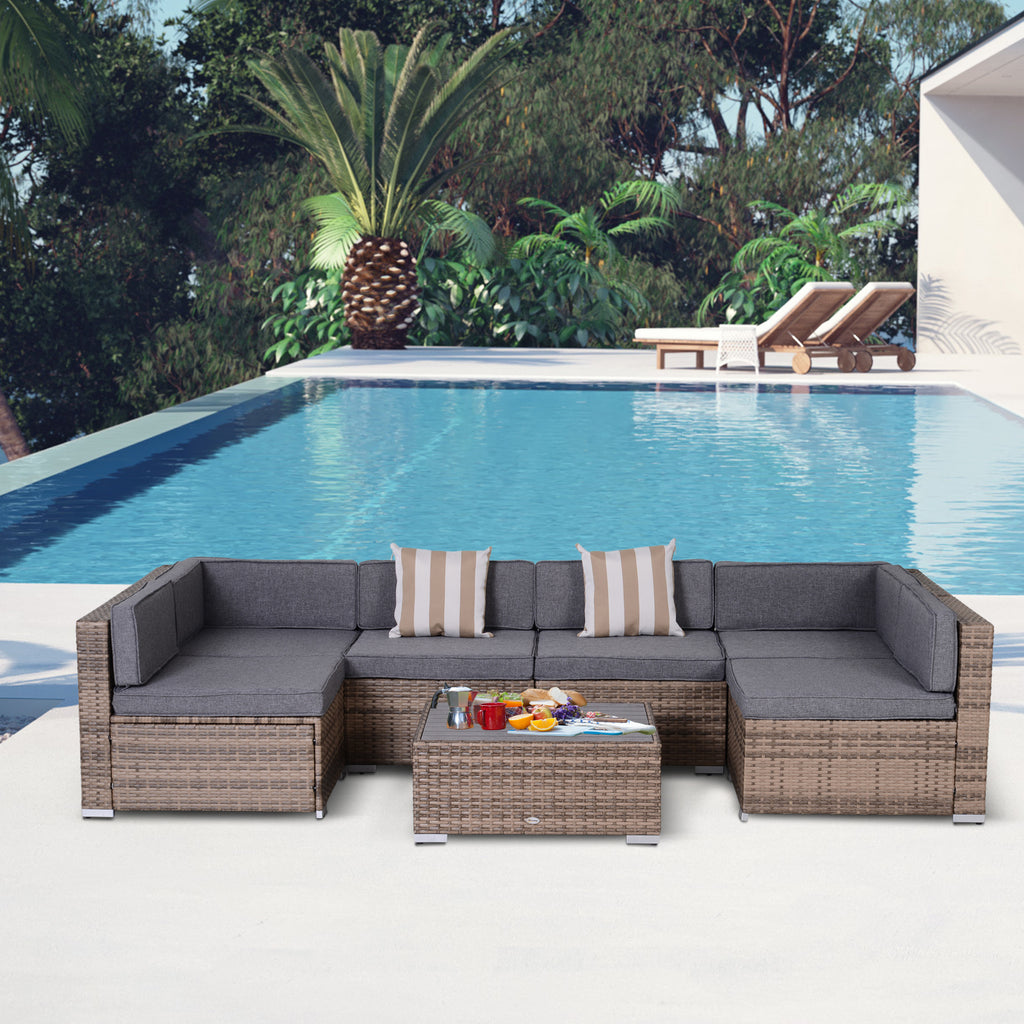 Modern Rattan Patio Furniture Set, 7-Piece Outdoor Wicker Sofa Set with Cushions for Home & Family Gatherings, Gray