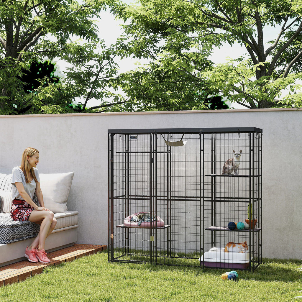 Weld Wire Catio Outdoor Indoor with Waterproof Cover, 4 Jumping Platforms, Hammock, for 1-3 Kittens, 69" x 22" x 62"