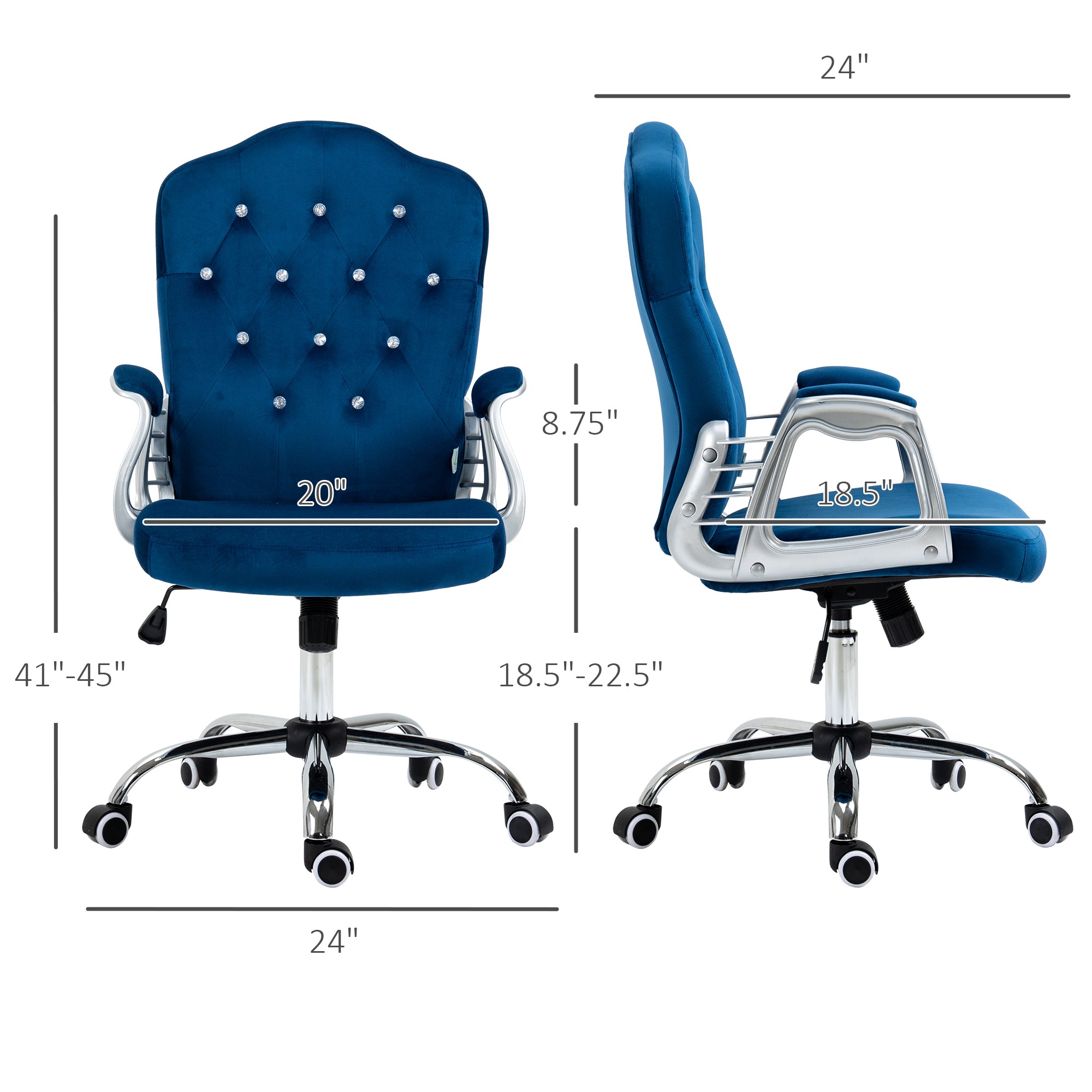 Velvet Office Chair Desk Chair with 360 Degree Swivel Wheels Adjustable Height Tilt Function Blue
