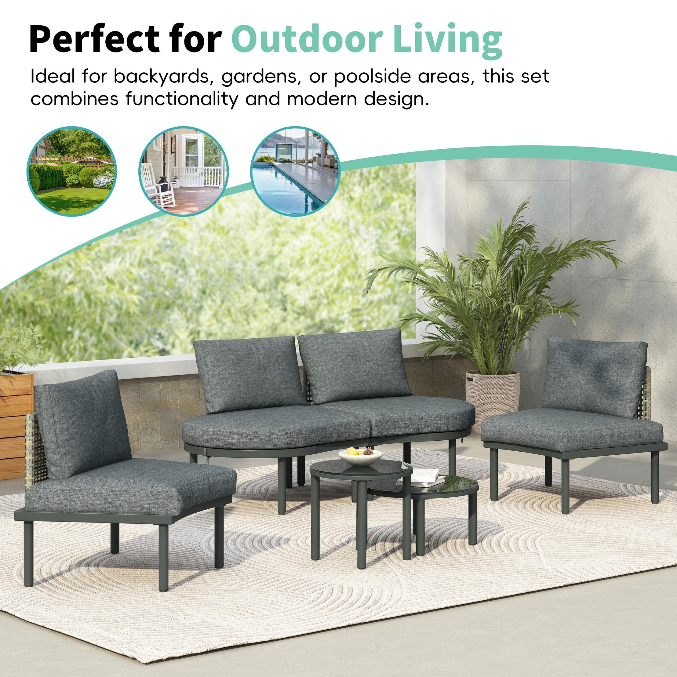 6-Piece Half Moon Sectional Sofa with 2 Coffee Table & Cushions, Modular Wicker Conversation Set for Patio, 34.5'' L x 25.5'' W x 12.5'' H, Gray