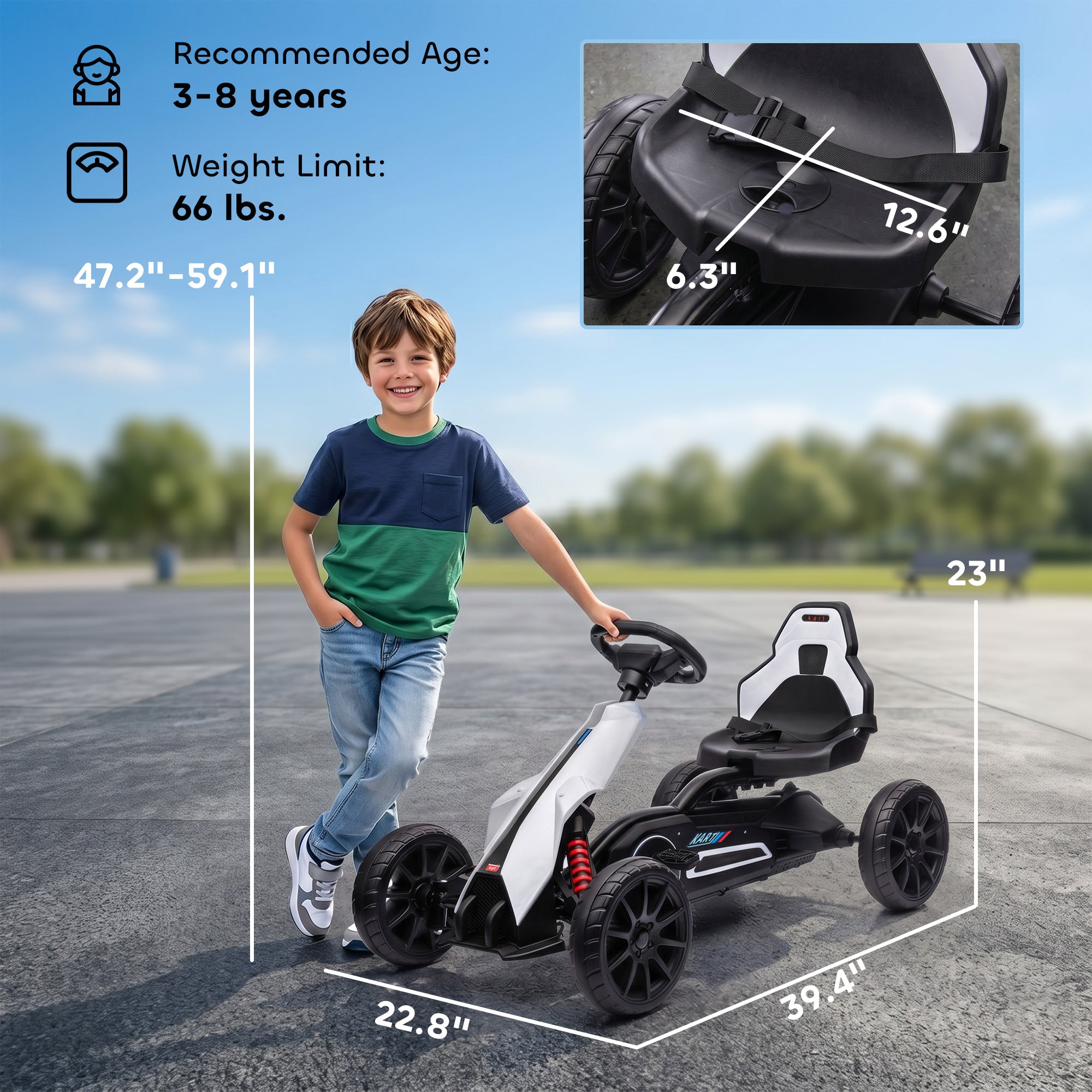 Kids Pedal Go Kart W/ Adjustable Seat, Swing Axle, White