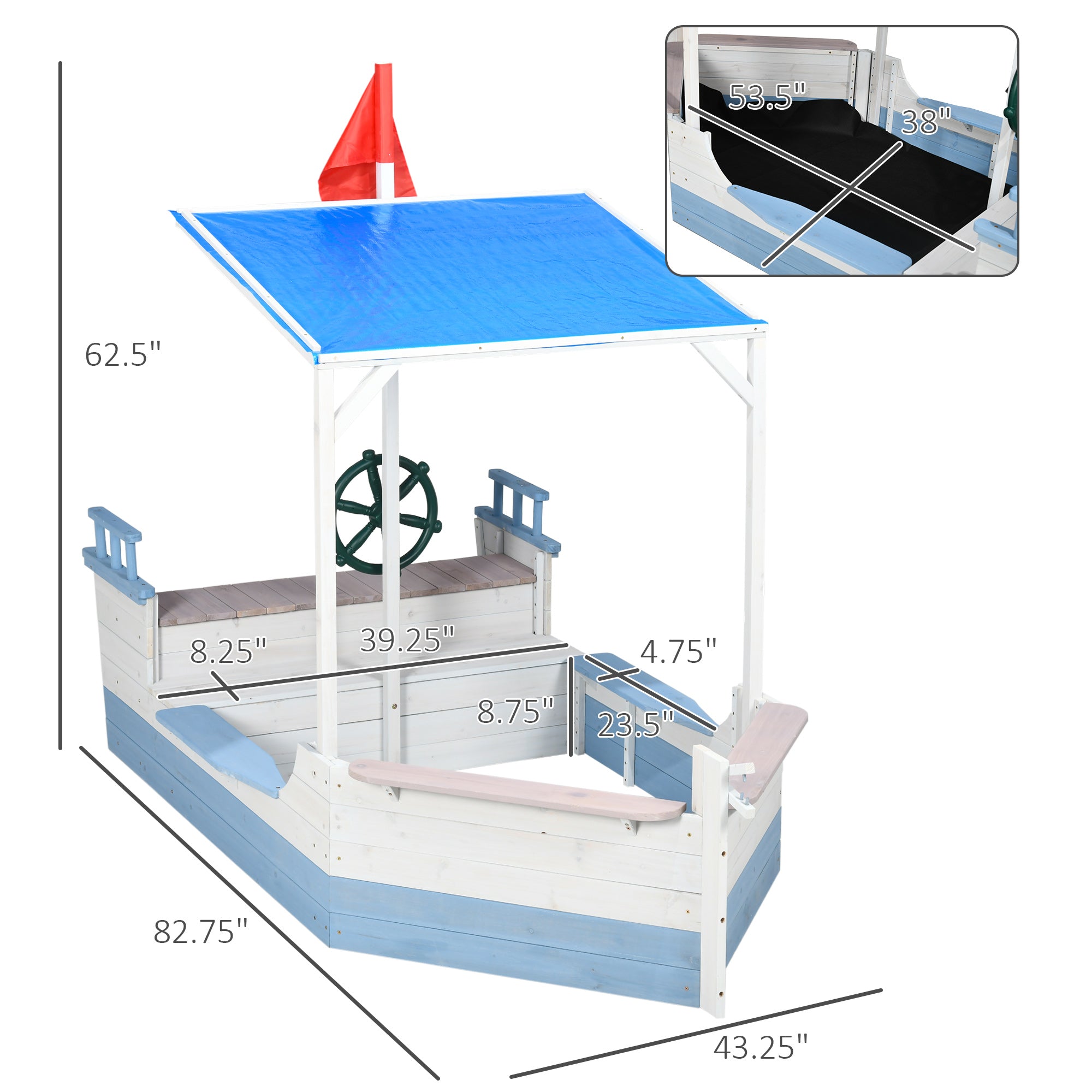 Kids Sandbox with Canopy, Pirate Ship Wooden Sand Boxes with Bench for Backyard, Sand Pit for Toddlers, 83" x 43", Blue