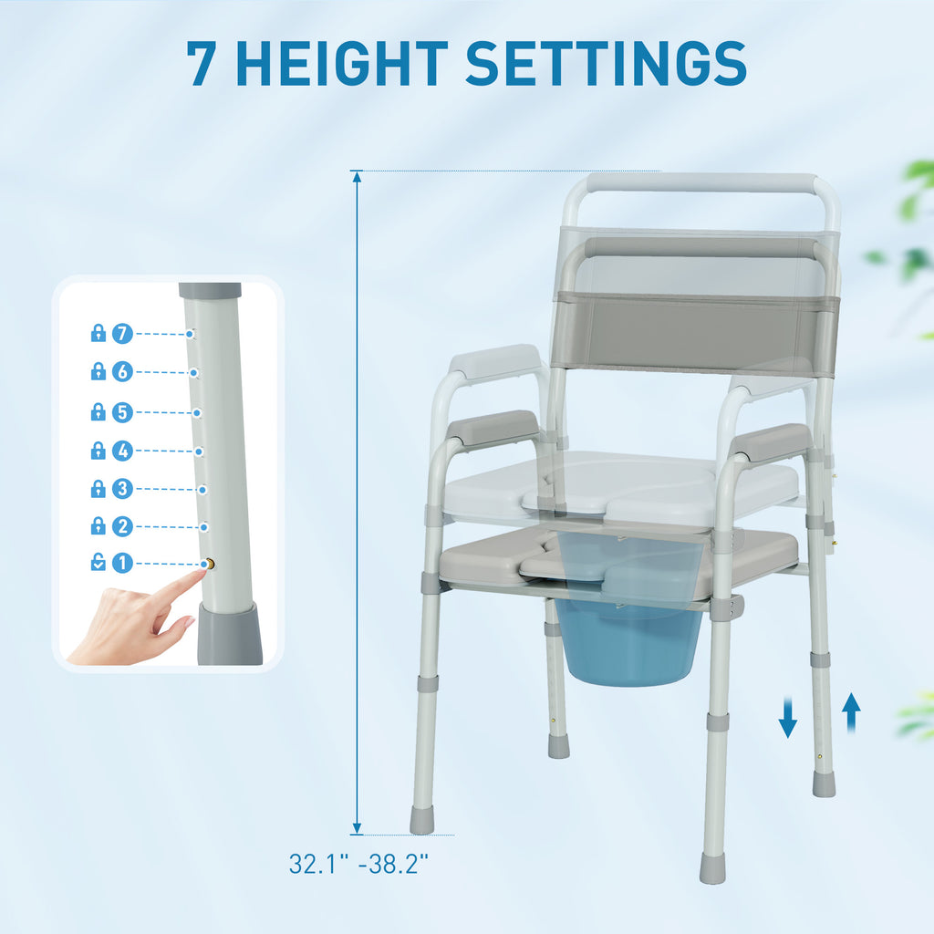 Bedside Commode Chair for Seniors, Adults, Handicap, Raised Toilet Seat with Arm, Adjustable Height, 331 lbs, Gray