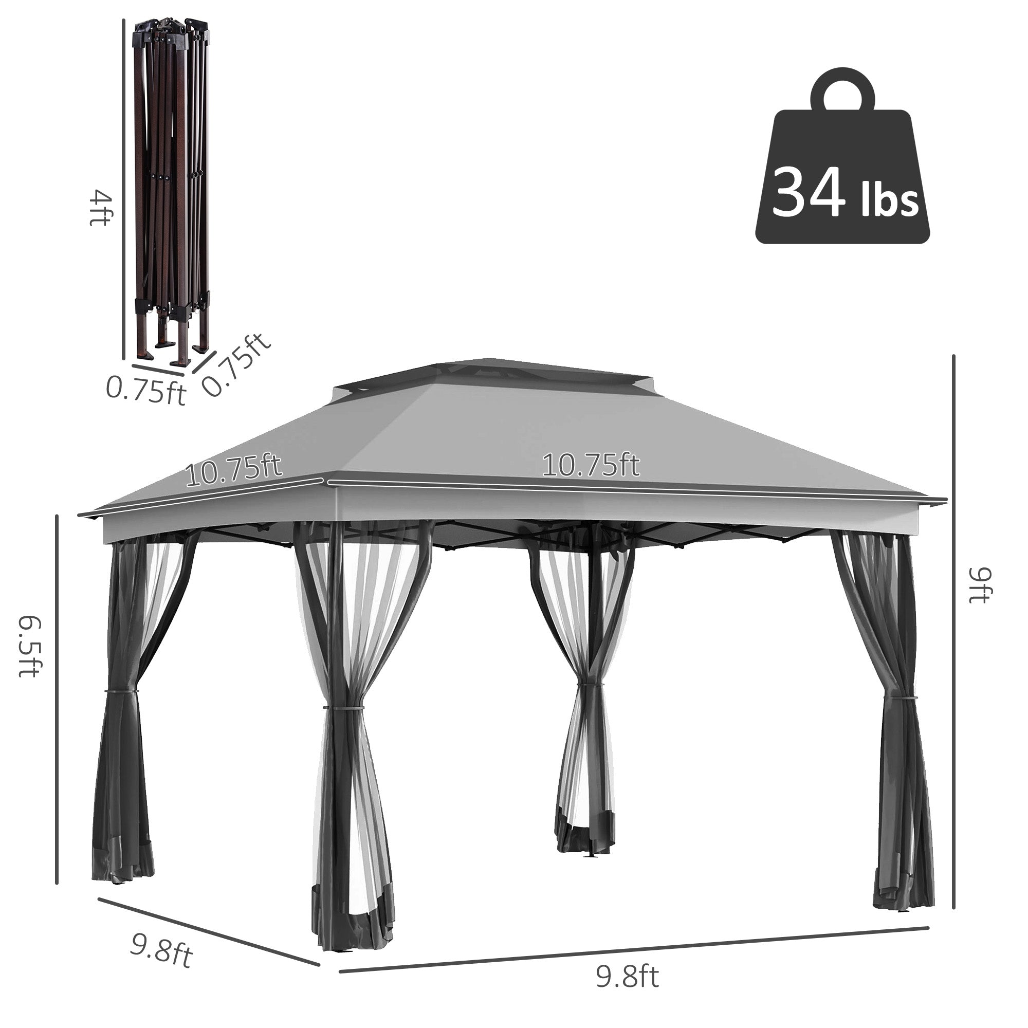 11x11 Canopy Gazebo, Portable Outdoor Patio Shelter with Zipper Mesh Privacy Netting, Carry Bag Included, for Family Use, Light Gray