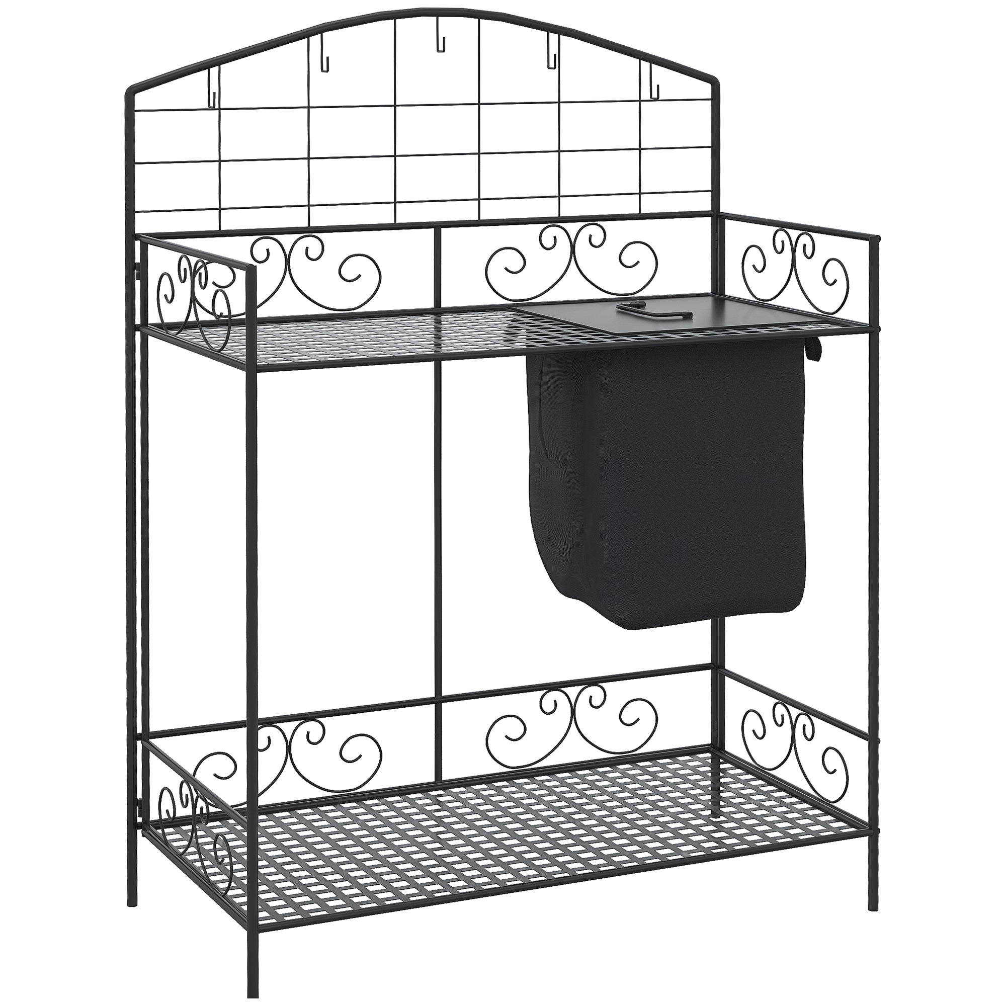 Folding Potting Bench Table, Metal Garden Workstation, Work Bench with Large Build-In Bag with Cover, 5 Hanging Hooks & Storage Shelf, Flourishes