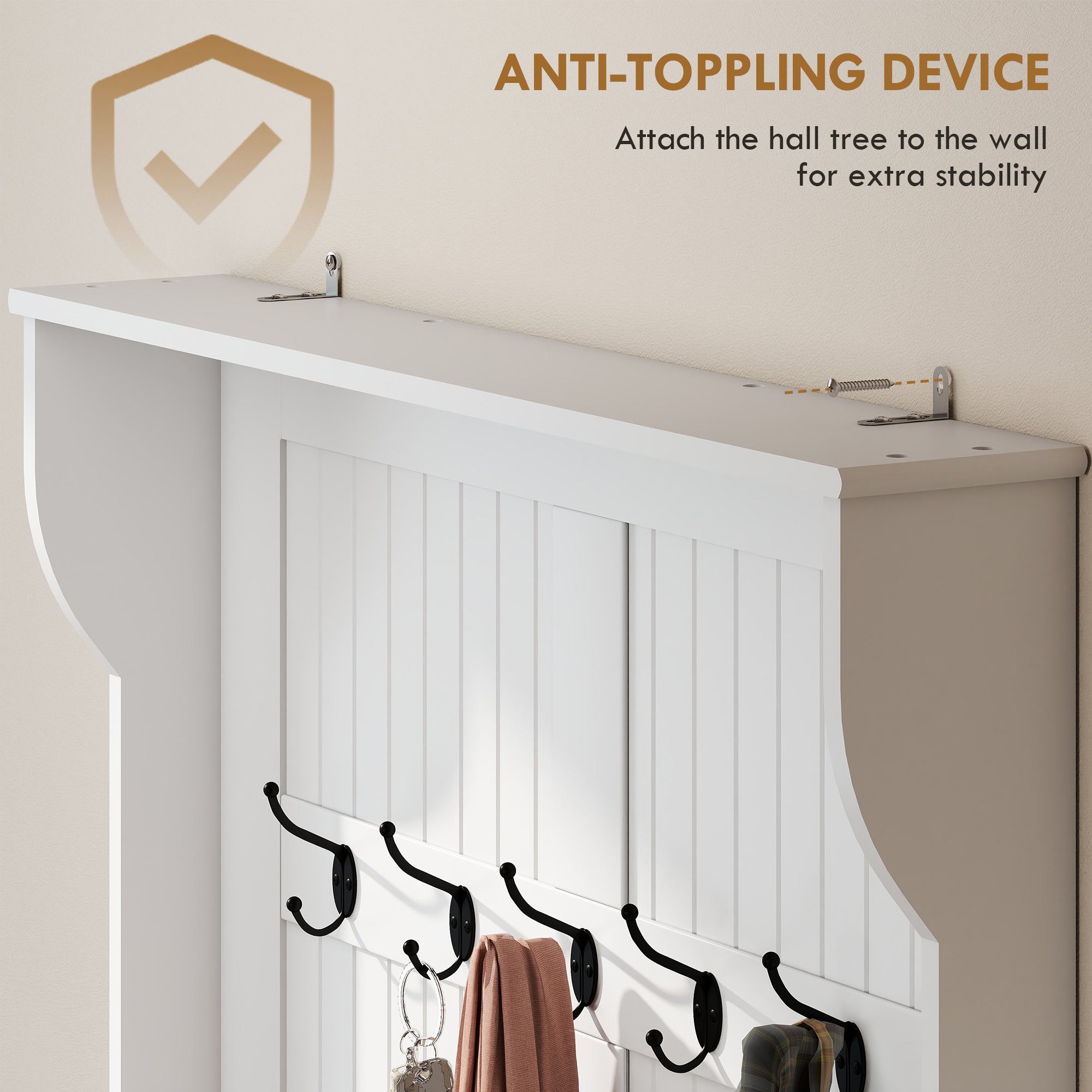 3-In-1 Entryway Bench with Coat Rack, Hall Tree with Bench and Shoe Storage, 5 Hooks for Hallway Cream White