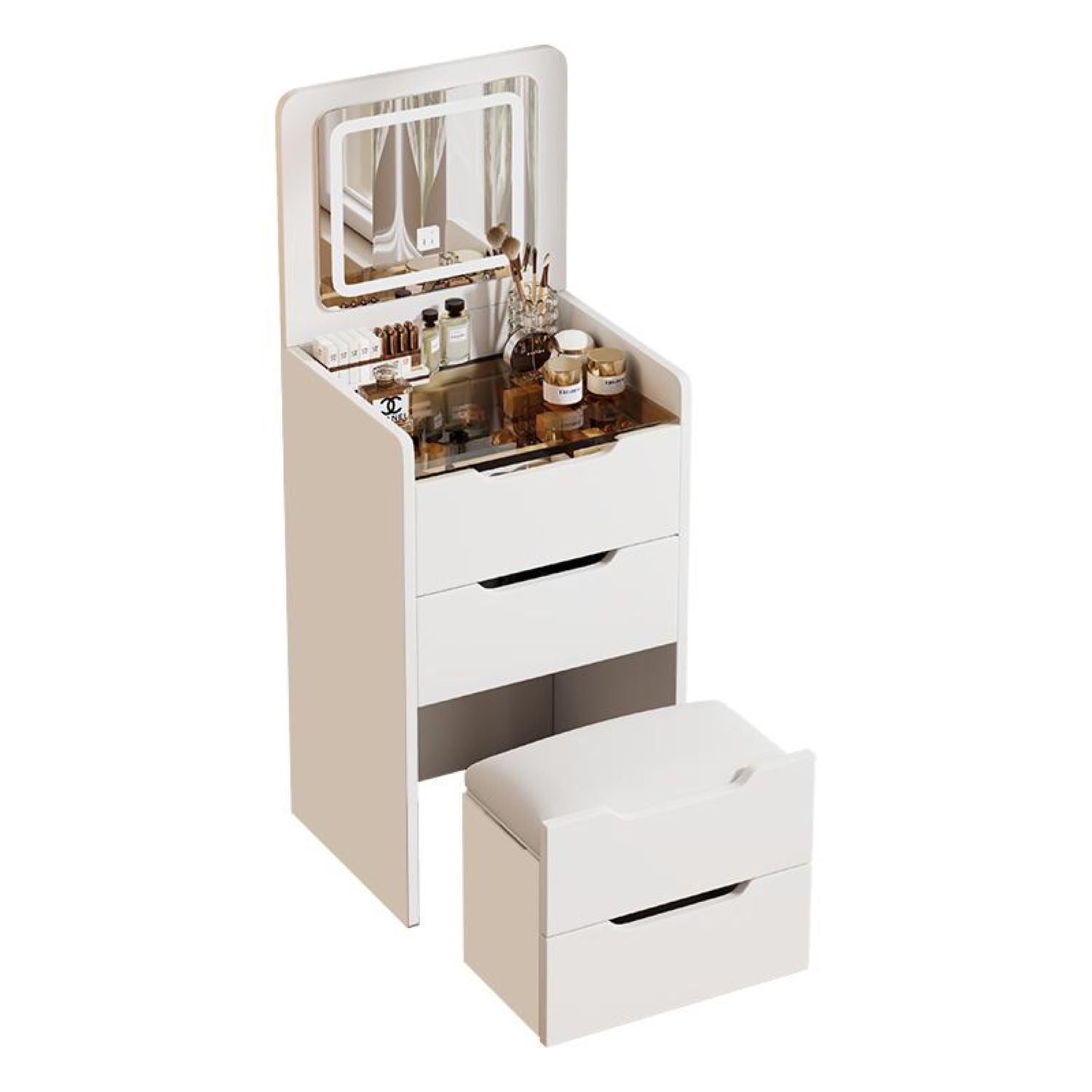 3-in-1 Vanity Desk with Flip Top Mirror, Compact Makeup Vanity Set with Visible Glass Desktop, Dressing Table, 20" L x 17" W x 31.5" H, White