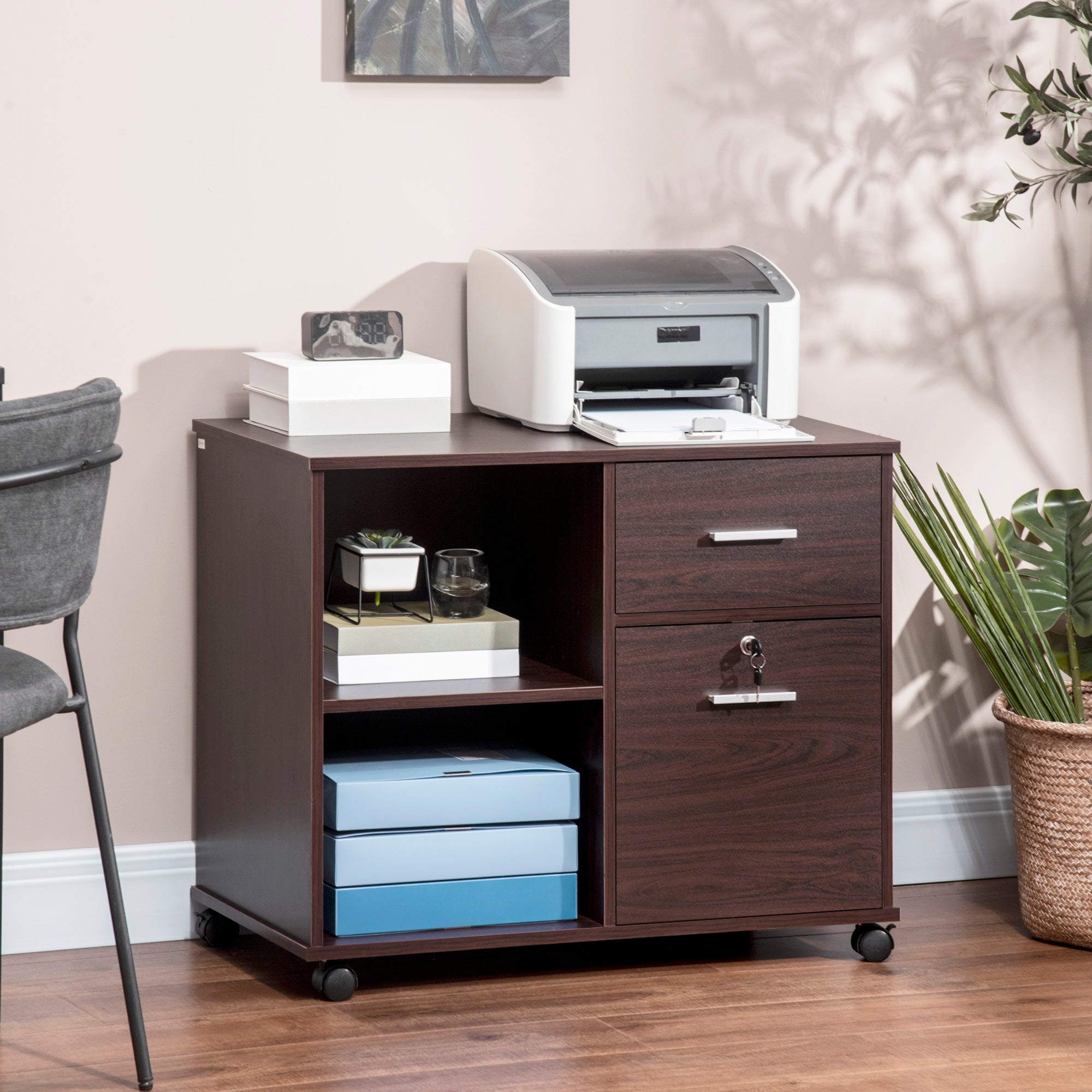 Lateral File Cabinet with Wheels, Mobile Printer Stand with Open Shelves and Drawers for A4 Size Documents, Walnut