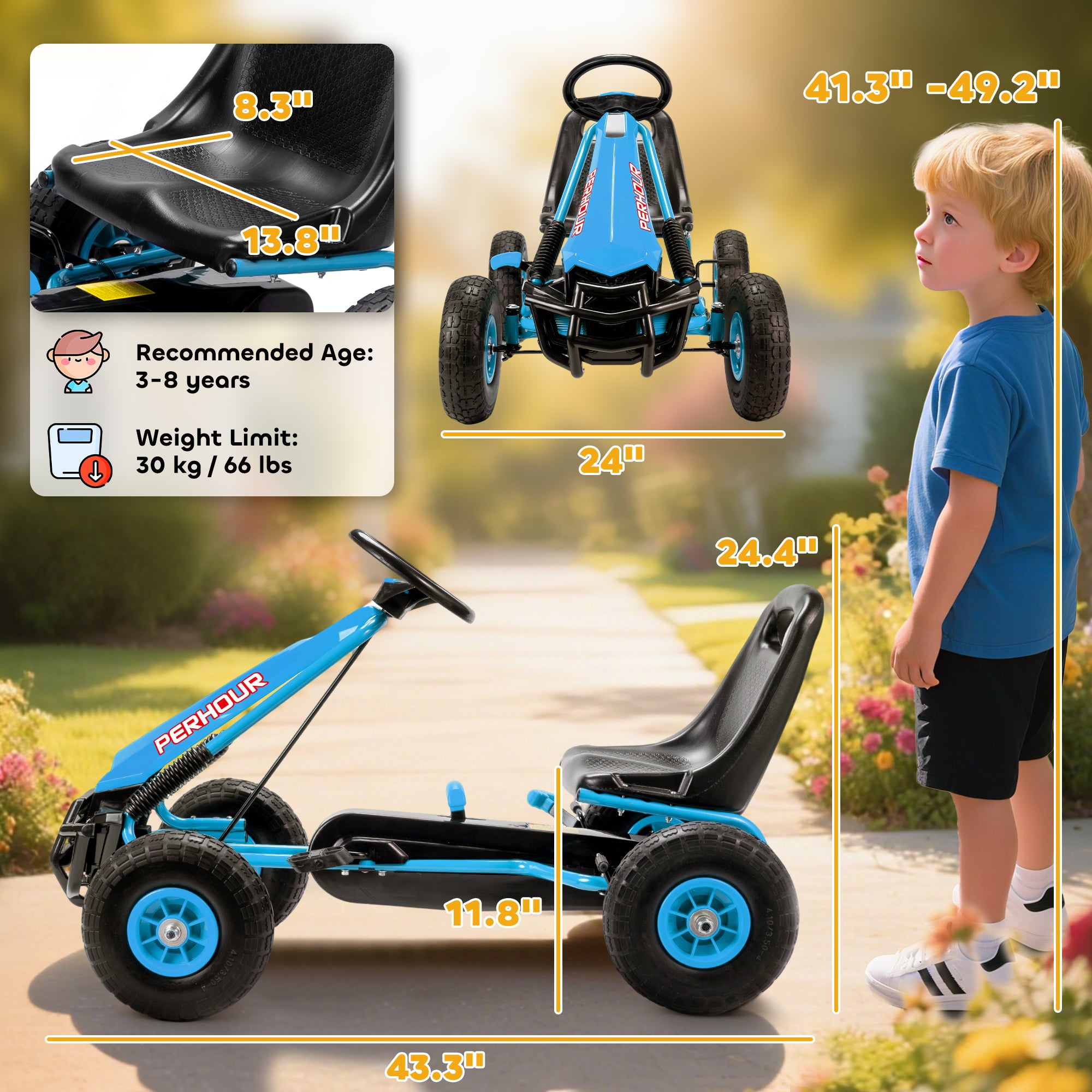 Kids Go Kart, Pedal Car with Adjustable Seat, EVA Wheels, Brake, for Boys & Girls Aged 3-8 Years Old, Blue
