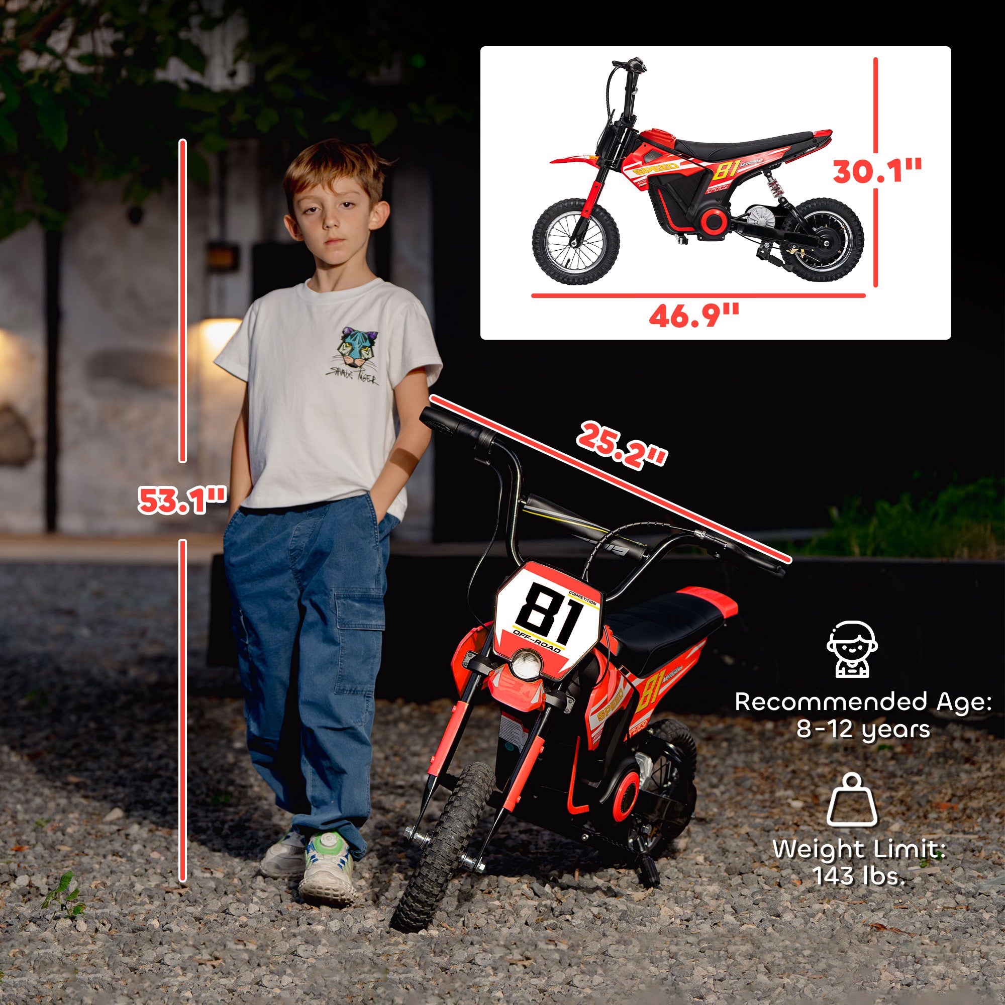 24V Kids Motorcycle, Electric Dirt Bike with 250W Motor, Up to 9.9 MPH, 12" Inflatable Tires and Rear Suspension, Red
