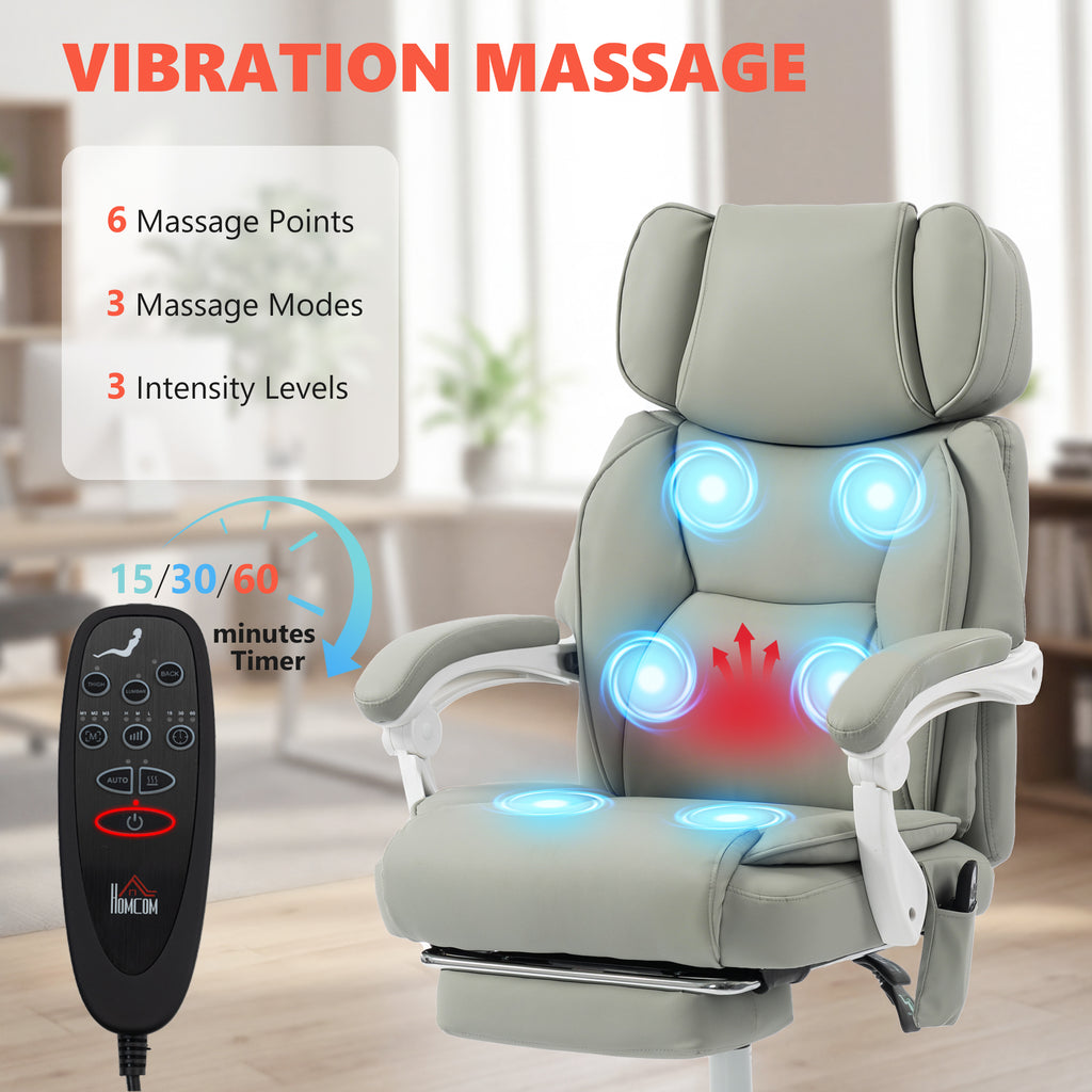 High Back Vibration Massage Office Chair Heated Reclining Computer Chair w/ Footrest, Swivel Wheels, Remote, Light Gray