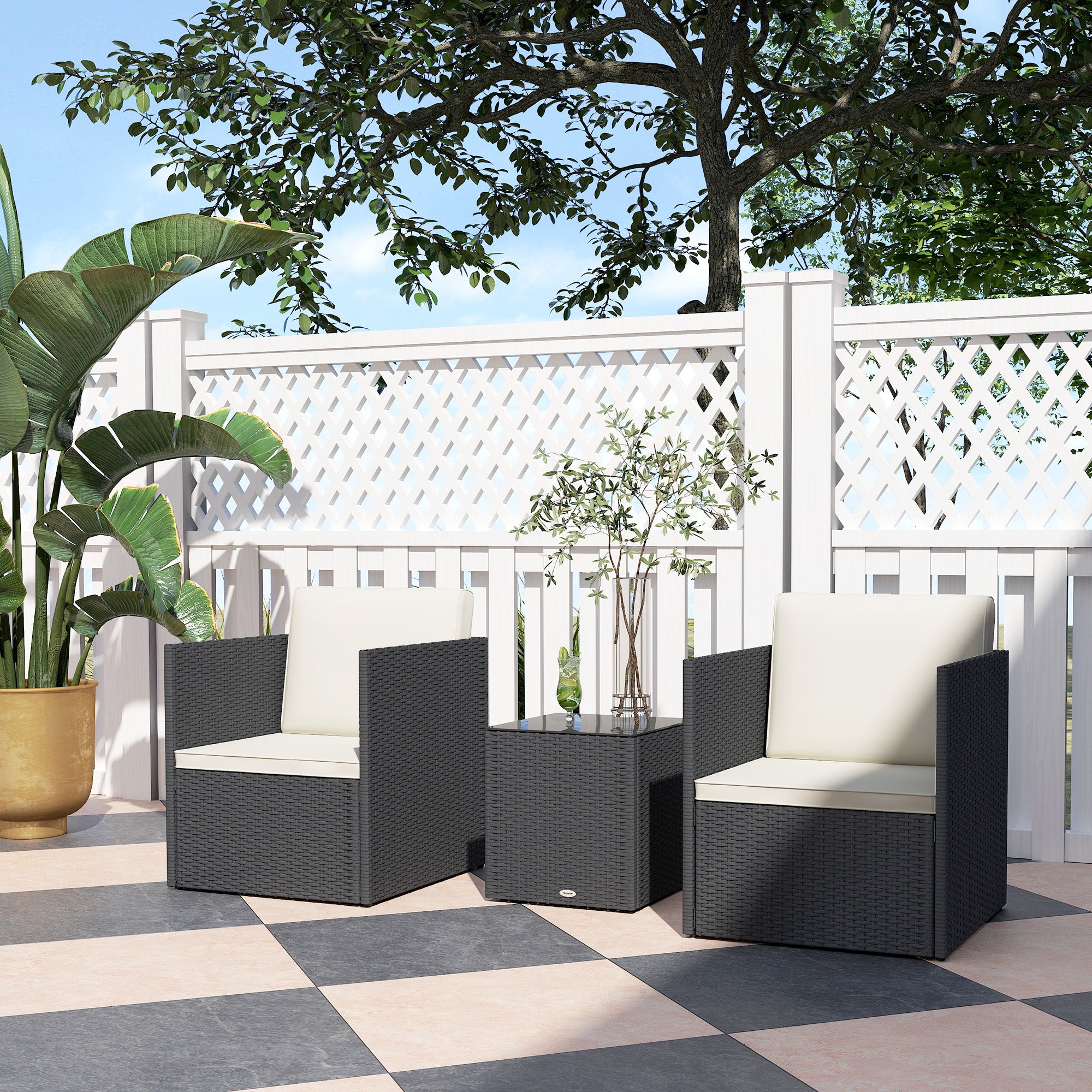 Folding Wicker Bistro Set, 3 Piece Patio Furniture Set with Cushions and Glass Coffee Table for Porch, Balcony, Black