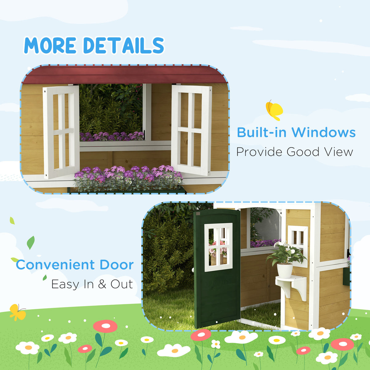 Wooden Playhouse for Kids Outdoor with Doors, Windows, Planter Pots and Boxes for Toddlers 3-8 Years, Beige