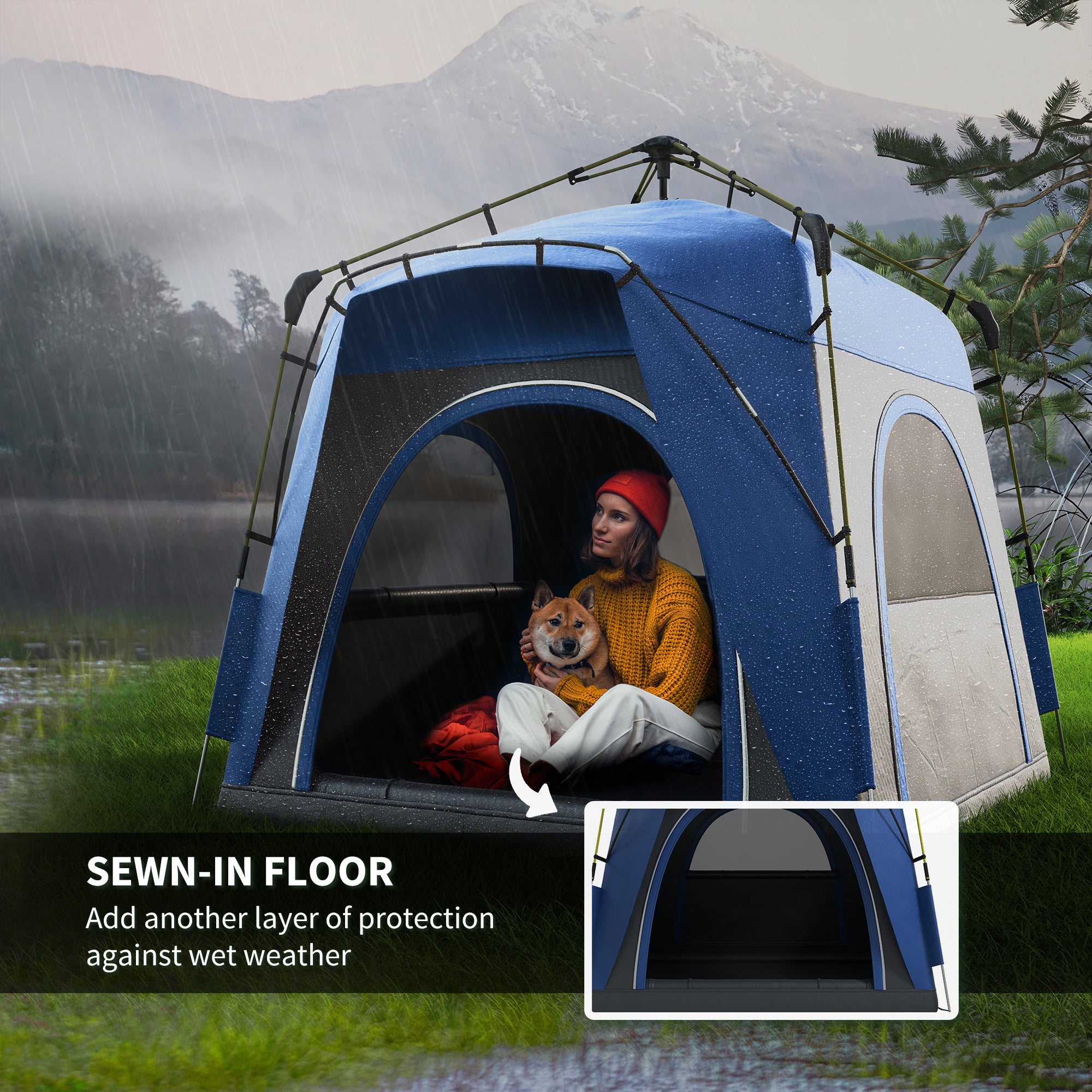 3 Person Pop Up Camping Tent Quick Setup Automatic Hydraulic Family Travel Tent w/ Windows Doors Carry Bag, Blue