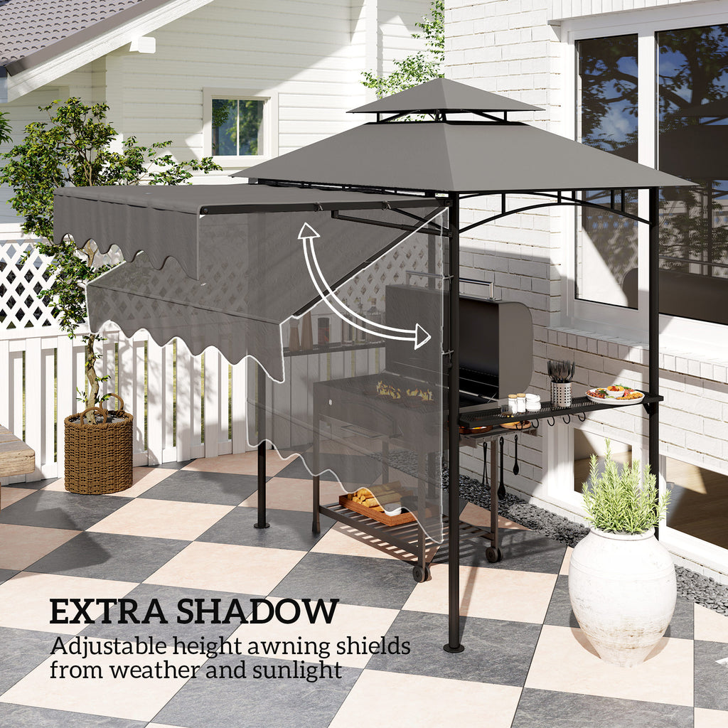 8' x 7.6' Outdoor Grill Gazebo, Barbecue Gazebo Shelter with Side Awning, 2 Side Shelves and 6 Hooks, Dark Gray