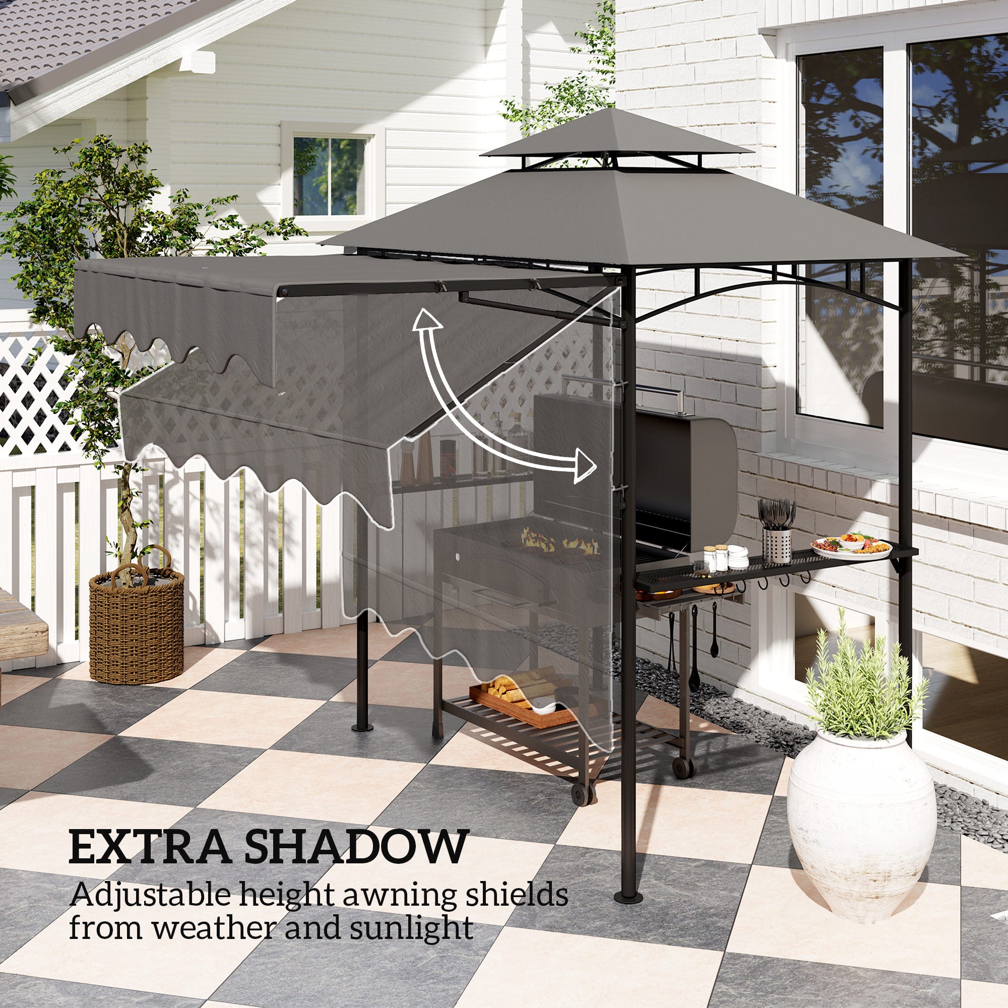 8' x 7.6' Outdoor Grill Gazebo, Barbecue Gazebo Shelter with Side Awning, 2 Side Shelves and 6 Hooks, Dark Gray