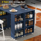 LED Kitchen Island with Extended Table, Power Outlets, Storage Shelves, Utility Cart with Fluted Glass Doors, 56.5" L x 33" W x 38" H, Navy Blue