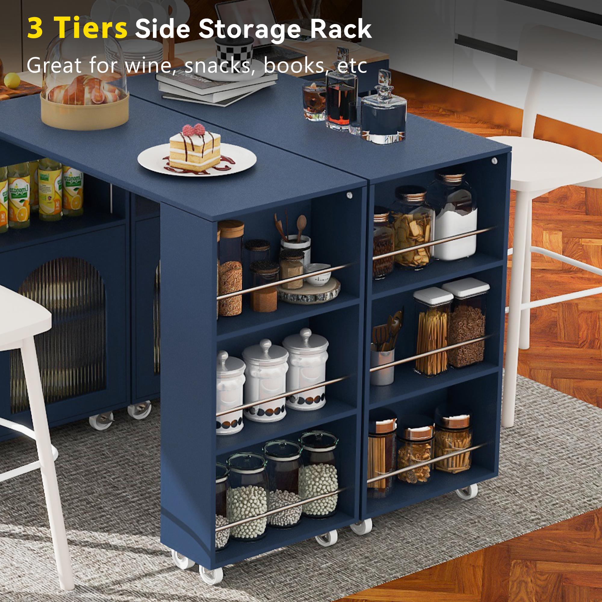 LED Kitchen Island with Extended Table, Power Outlets, Storage Shelves, Utility Cart with Fluted Glass Doors, 56.5" L x 33" W x 38" H, Navy Blue
