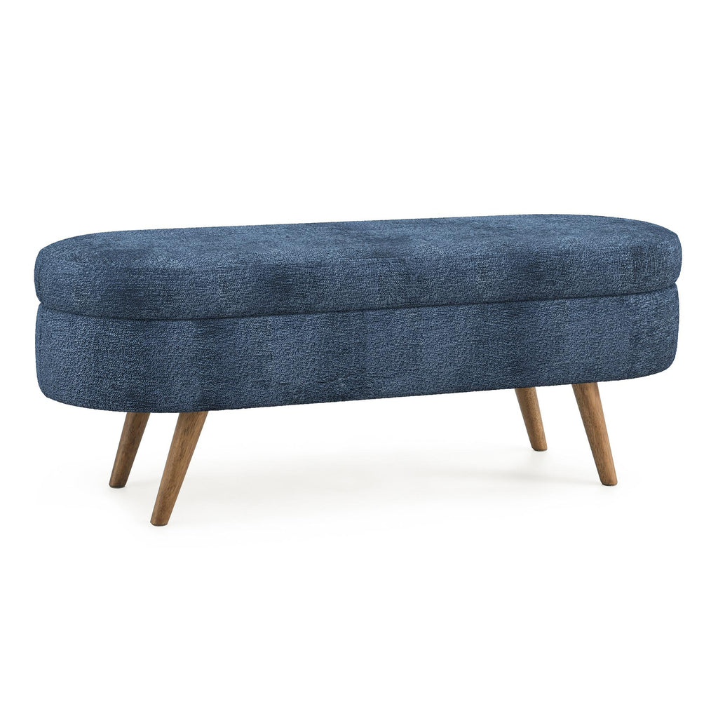 Oval Storage Ottoman Bench with Foam Cushion and Sturdy Rubberwood Legs, Multi-Use Footstool for Bedroom, 43.5" L x 16" W x 16" H, Dark Blue