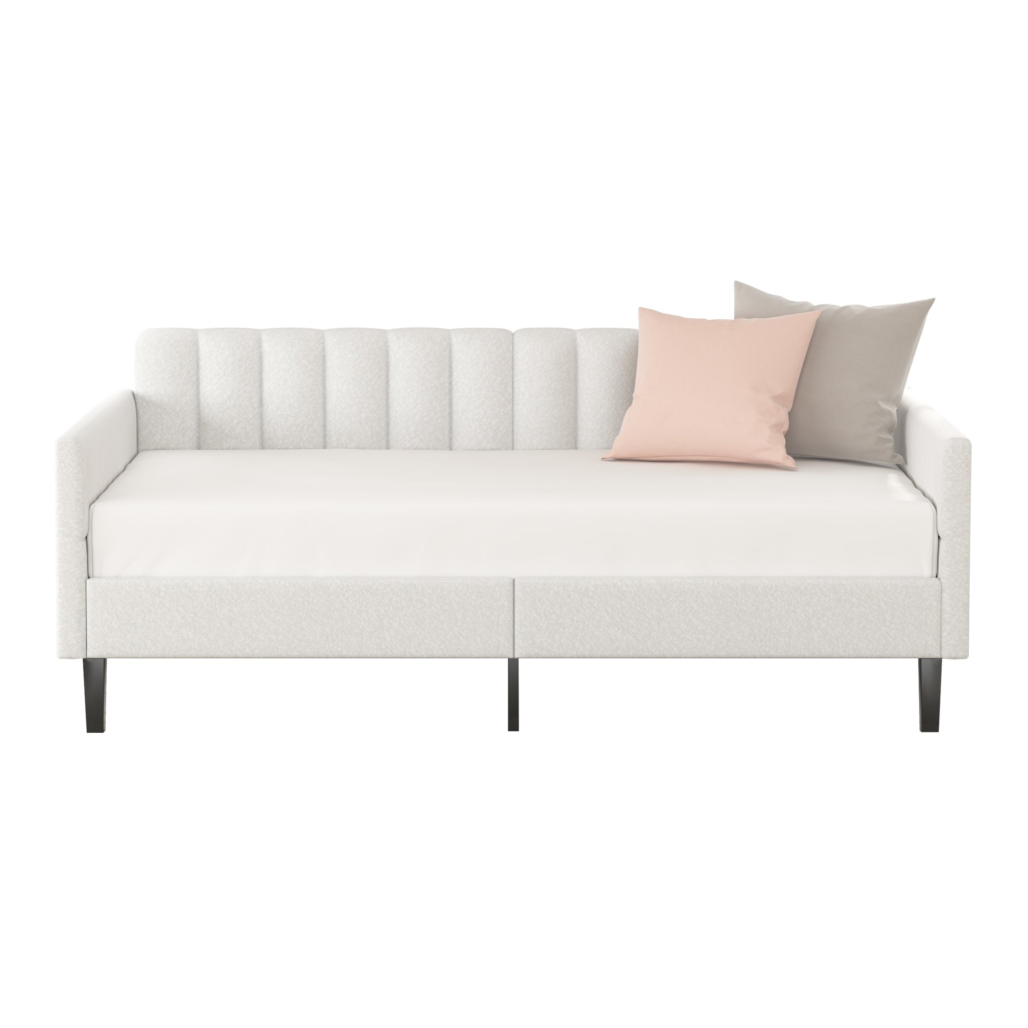 Elena Twin Size Upholstered Daybed Frame, Ribbed Tufted Backrest, Boucle Fabric, Durable Metal Frame, Easy Assembly, Ivory