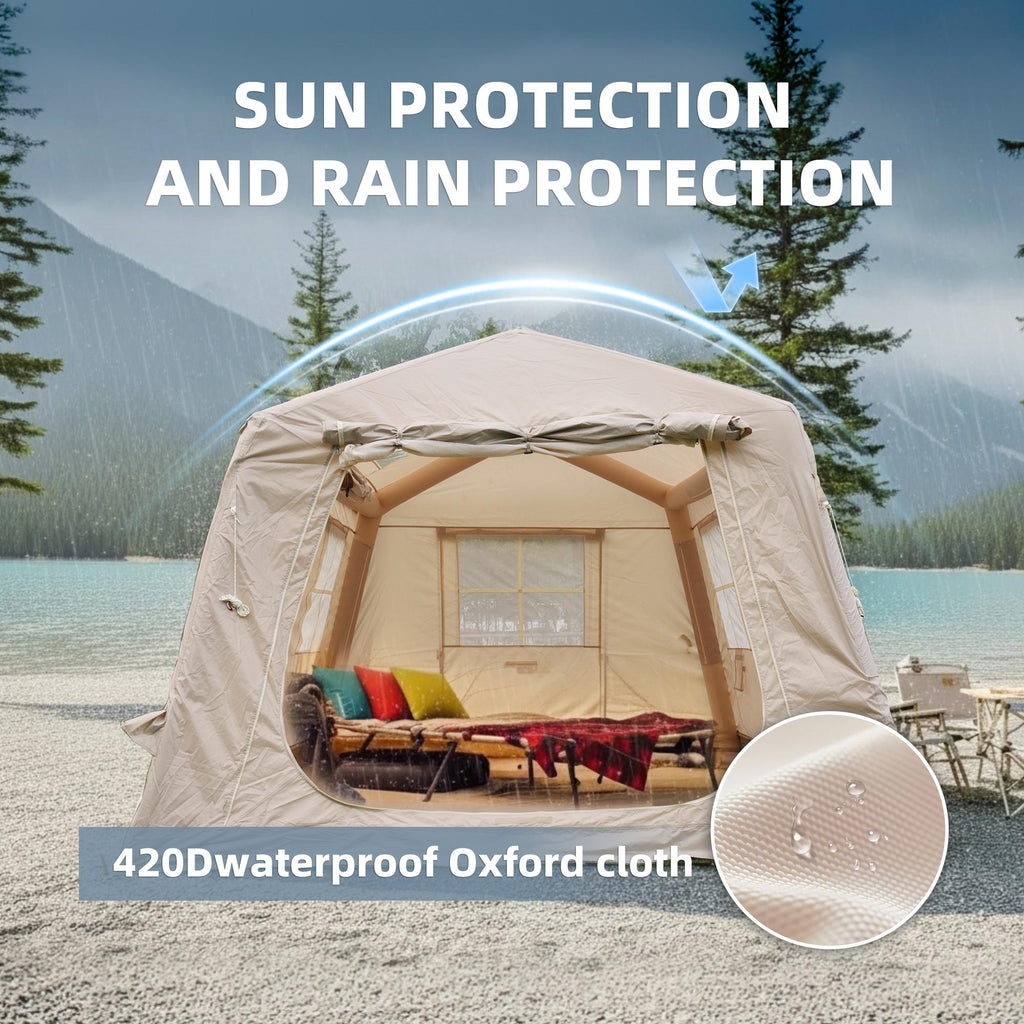 Modern Camping Tent with Quick-Inflate 2-Room Design, 4-Season Waterproof Family Tent with Hand Pump, 157.5″ L x 108″ W x 78.5″ H, Beige