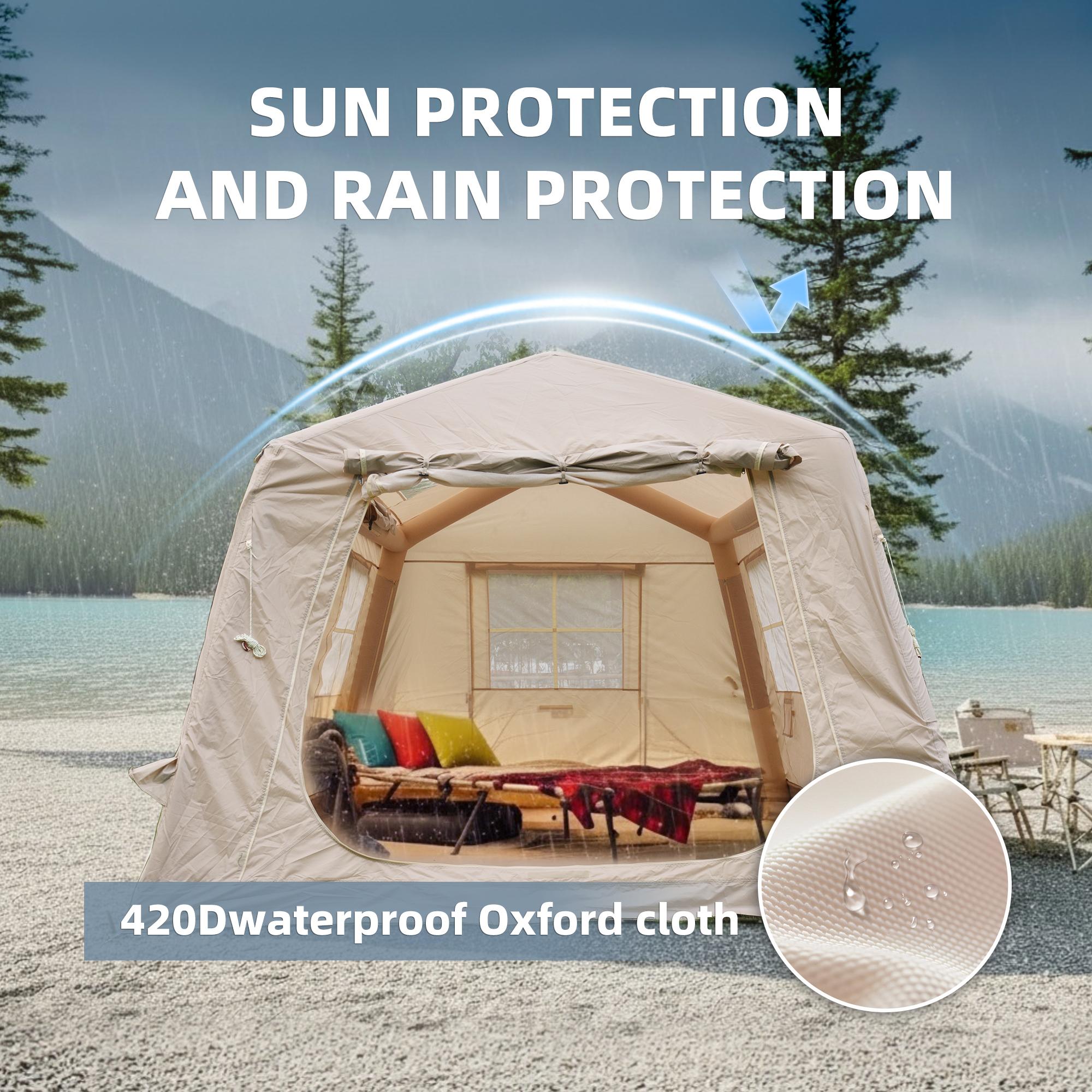 Modern Camping Tent with Quick-Inflate 2-Room Design, 4-Season Waterproof Family Tent with Hand Pump, 157.5″ L x 108″ W x 78.5″ H, Beige