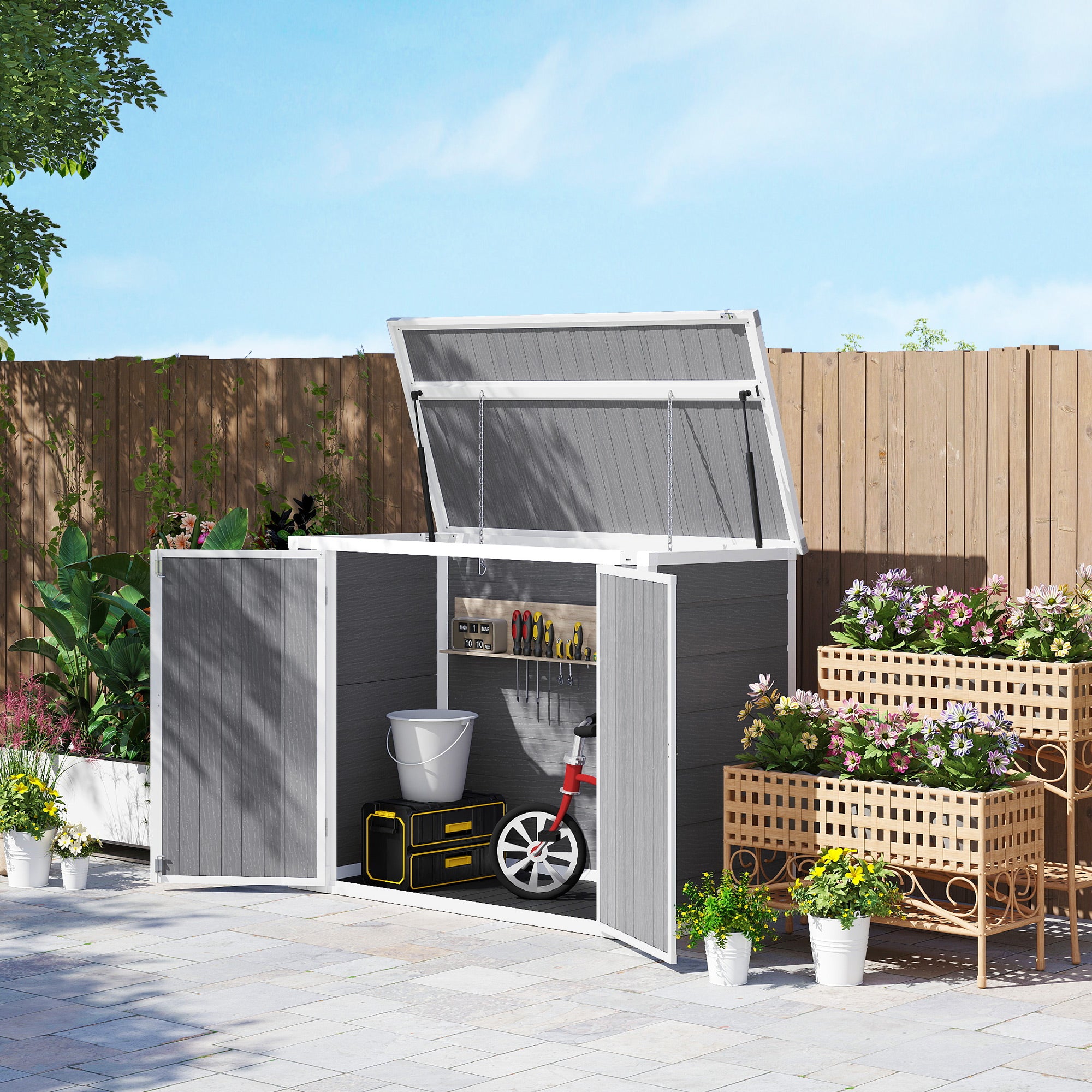 4.7 x 2.5FT Outdoor Horizontal Storage Shed, Lockable Trash Can Storage with Chain Lid, Gray