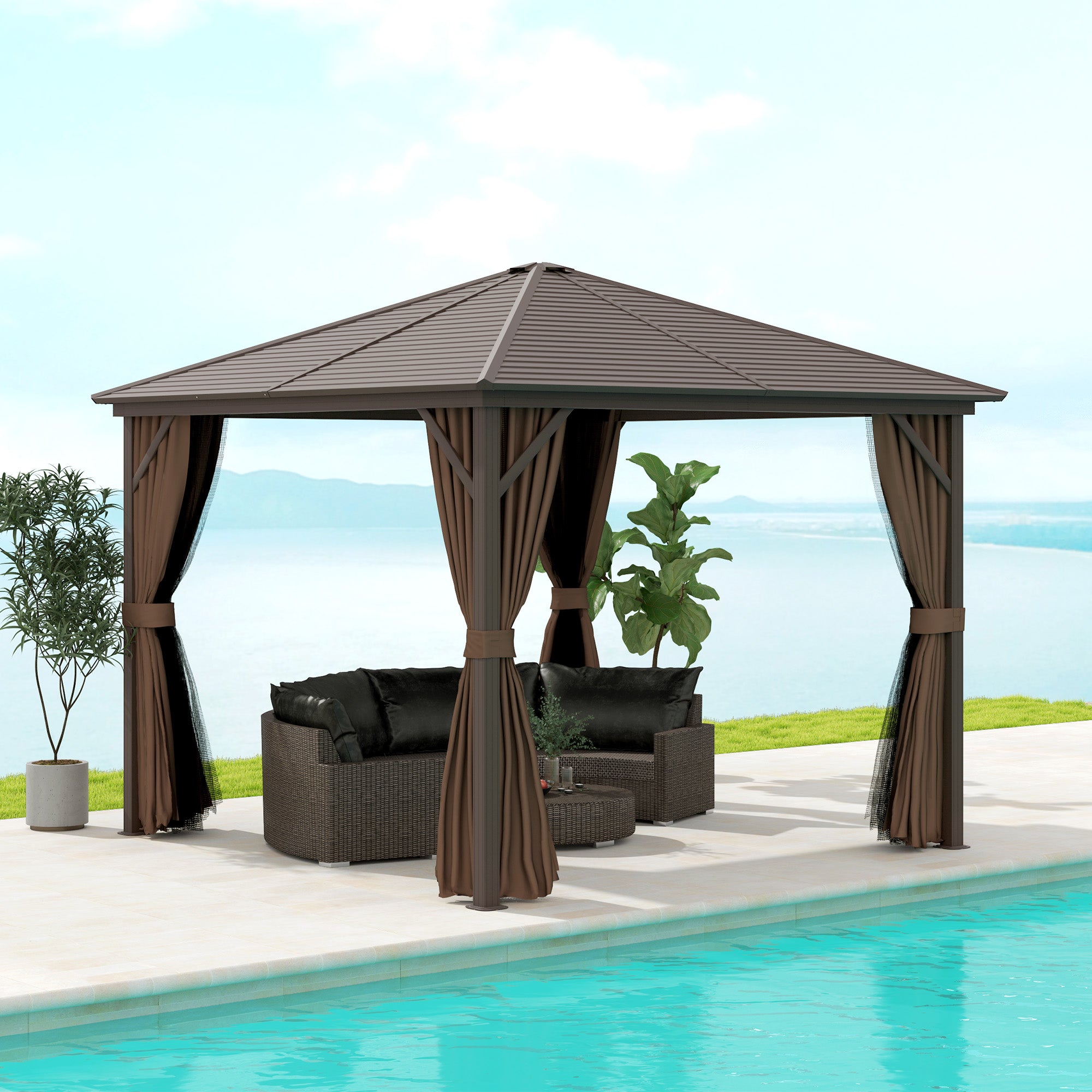 10' x 10' Hardtop Gazebo Canopy, Permanent Pavilion with Hook, Curtains, Aluminum Frame for Patio, Garden, Dark Brown