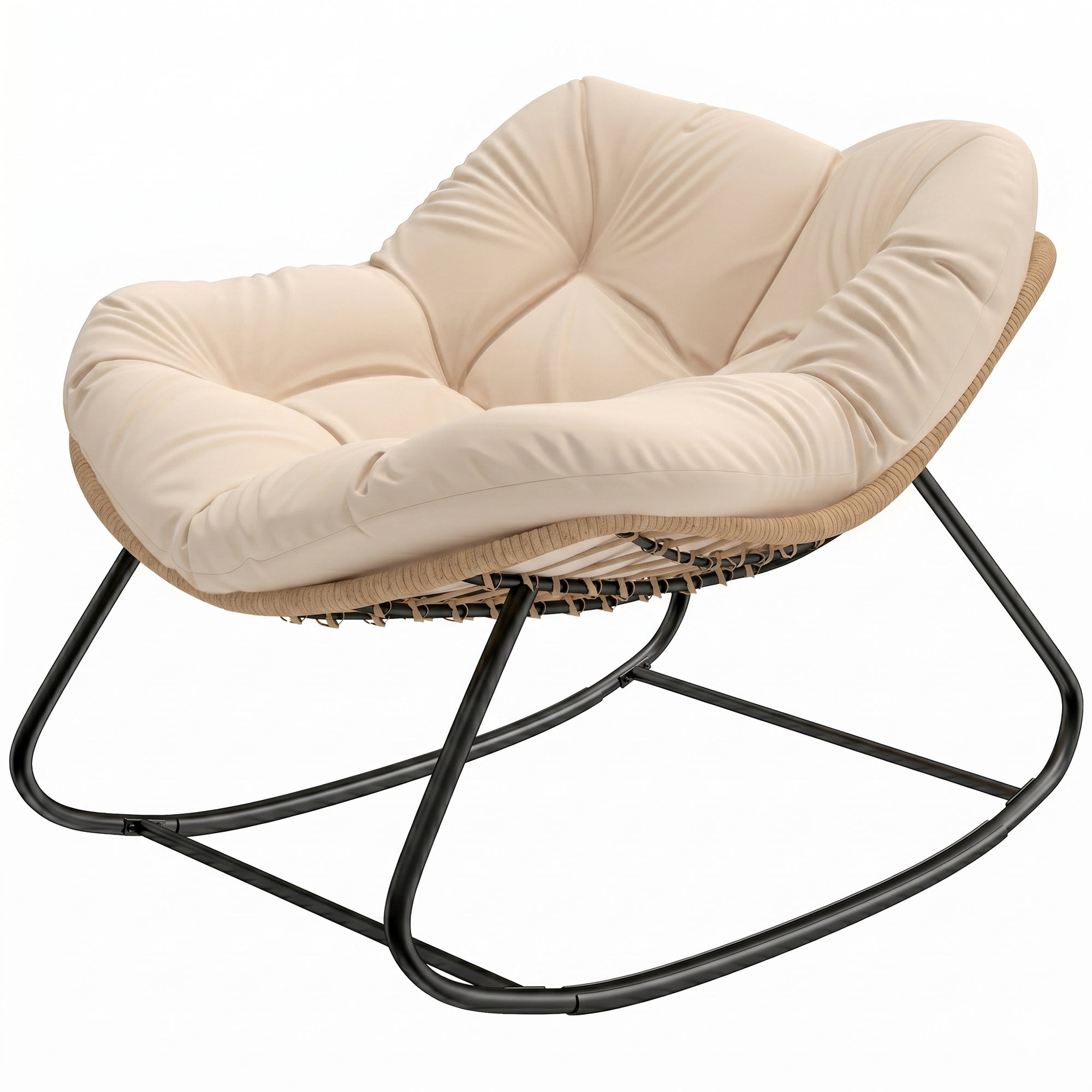 Indoor Outdoor Papasan Rocking Chair, Oversized Rocking Egg Chair with Cushion for Garden, Patio, Cream White